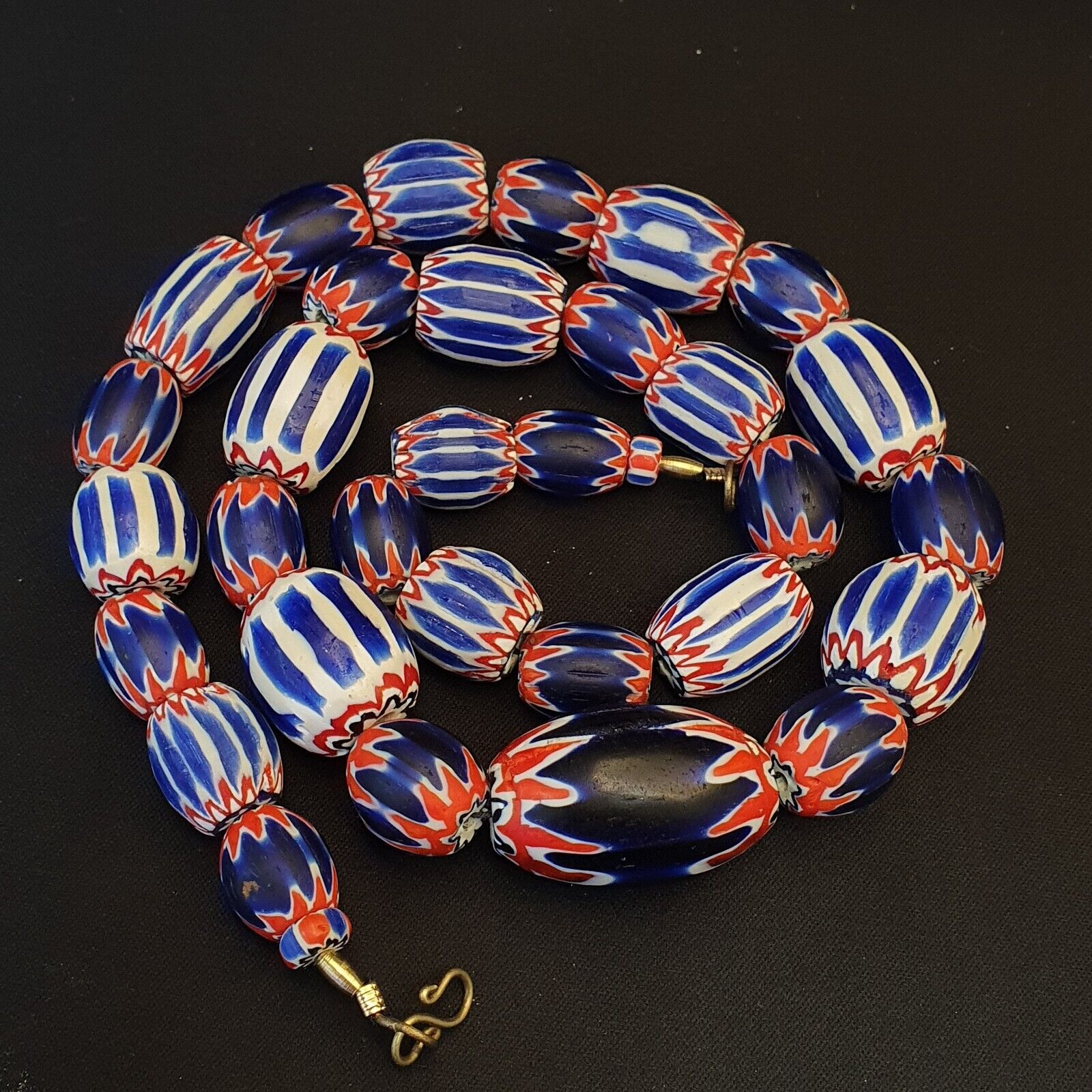 Antique Venetian inspired Trade African Blue Glass Chevron Beads Long Strand 297
