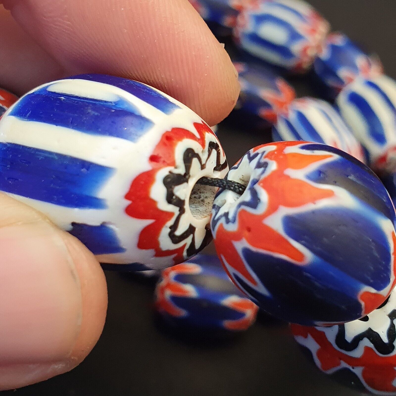 Antique Venetian inspired Trade African Blue Glass Chevron Beads Long Strand 297