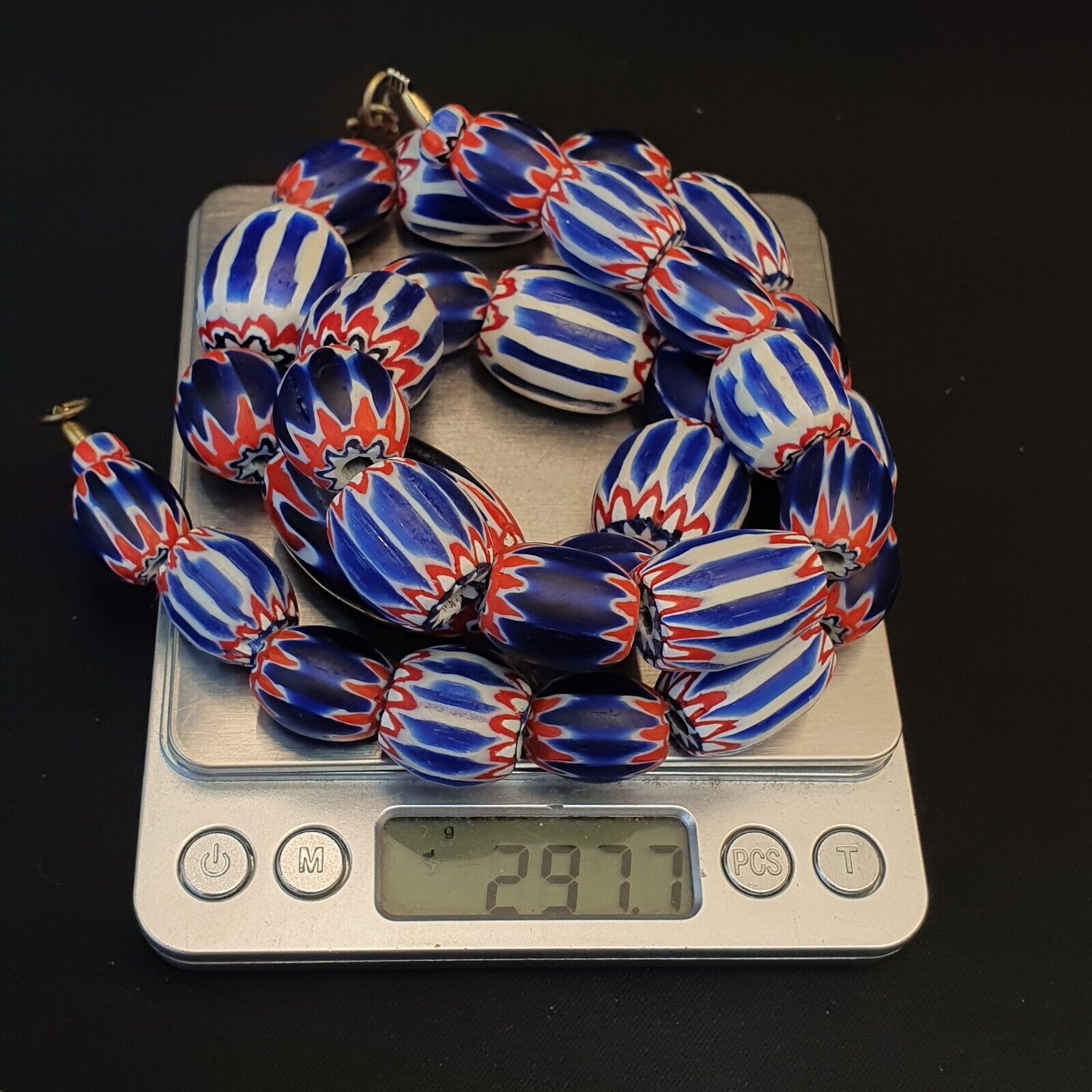 Antique Venetian inspired Trade African Blue Glass Chevron Beads Long Strand 297