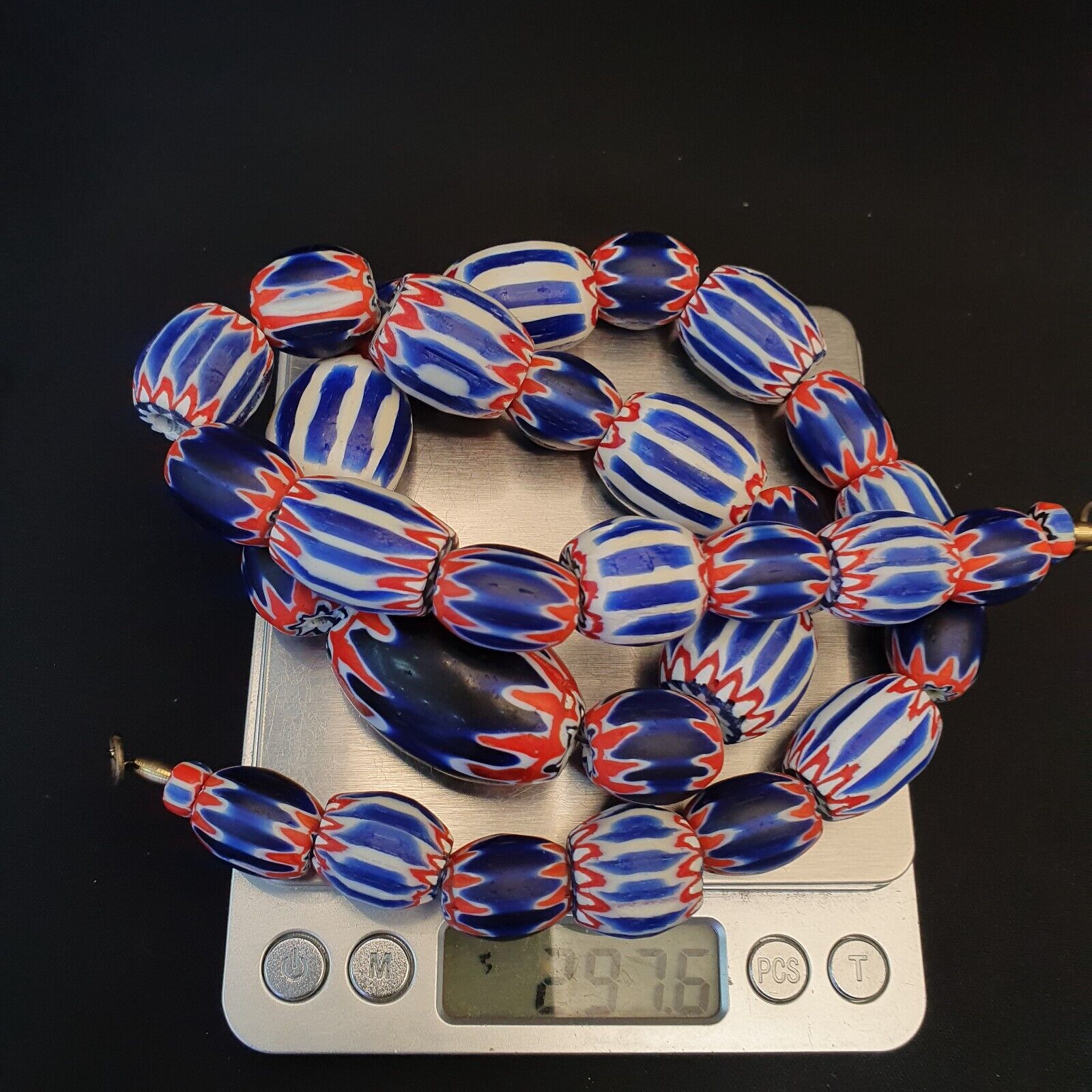Antique Venetian inspired Trade African Blue Glass Chevron Beads Long Strand 297