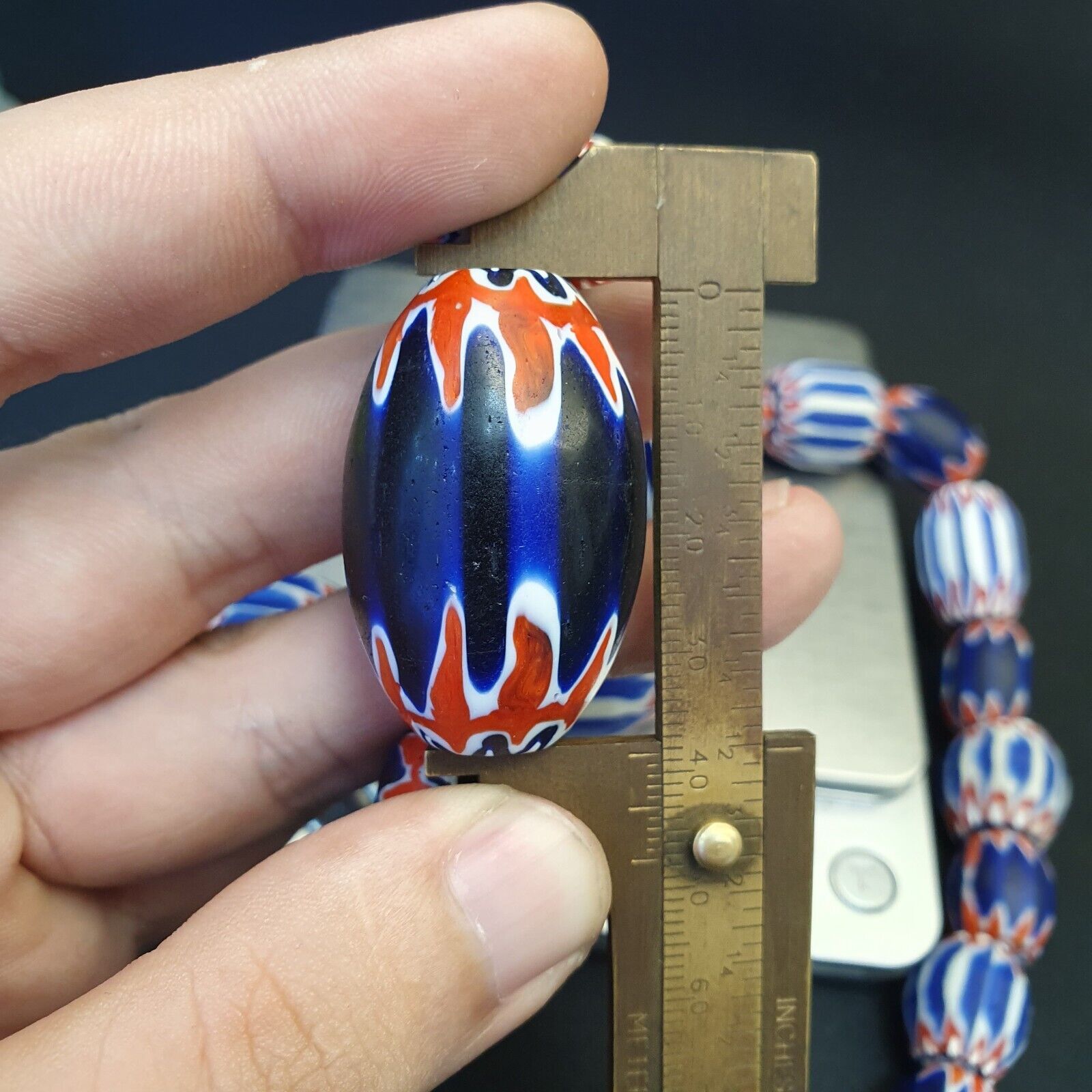 Antique Venetian inspired Trade African Blue Glass Chevron Beads Long Strand 297