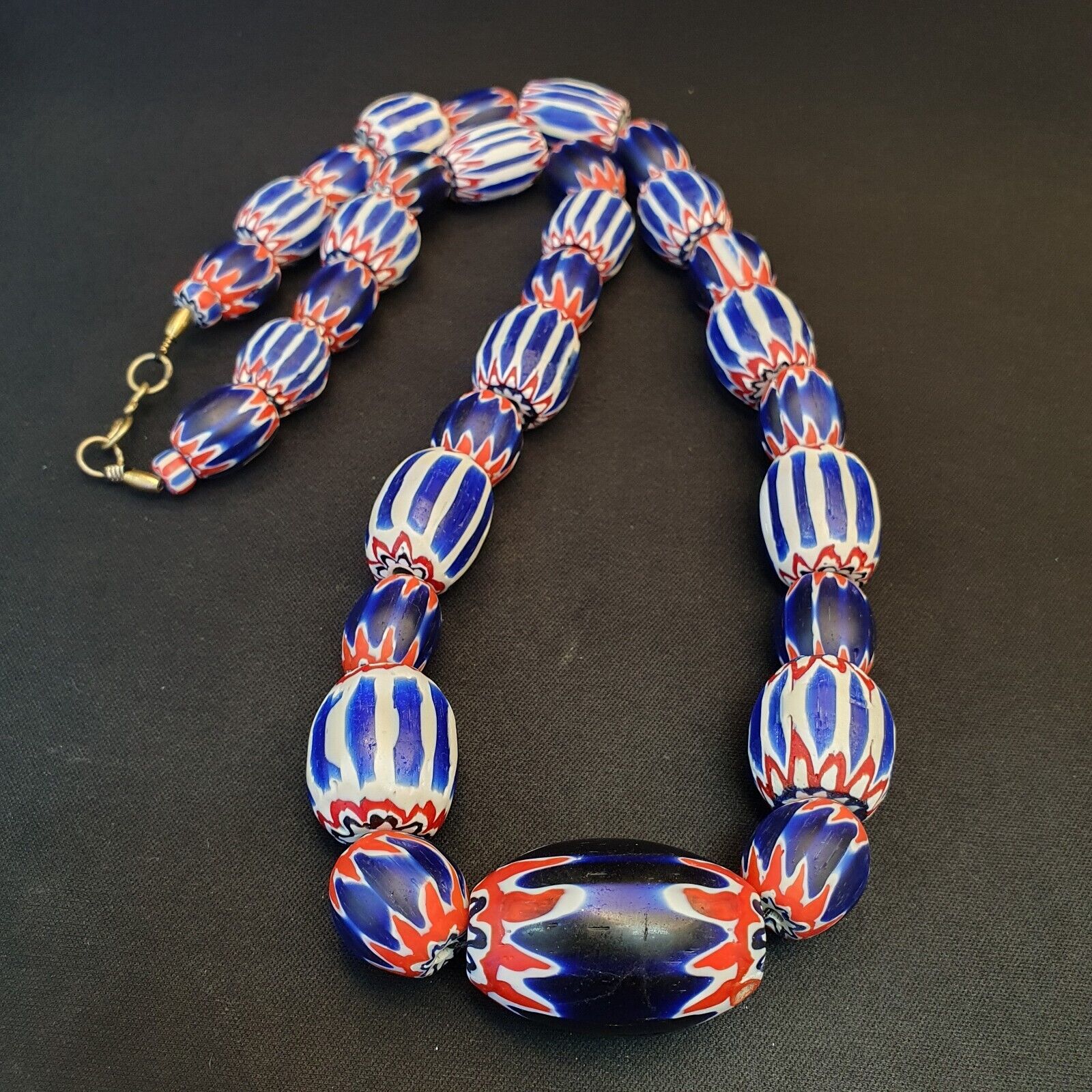 Antique Venetian inspired Trade African Blue Glass Chevron Beads Long Strand 297