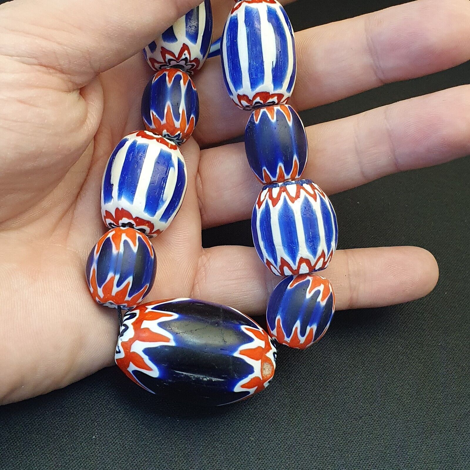 Antique Venetian inspired Trade African Blue Glass Chevron Beads Long Strand 297