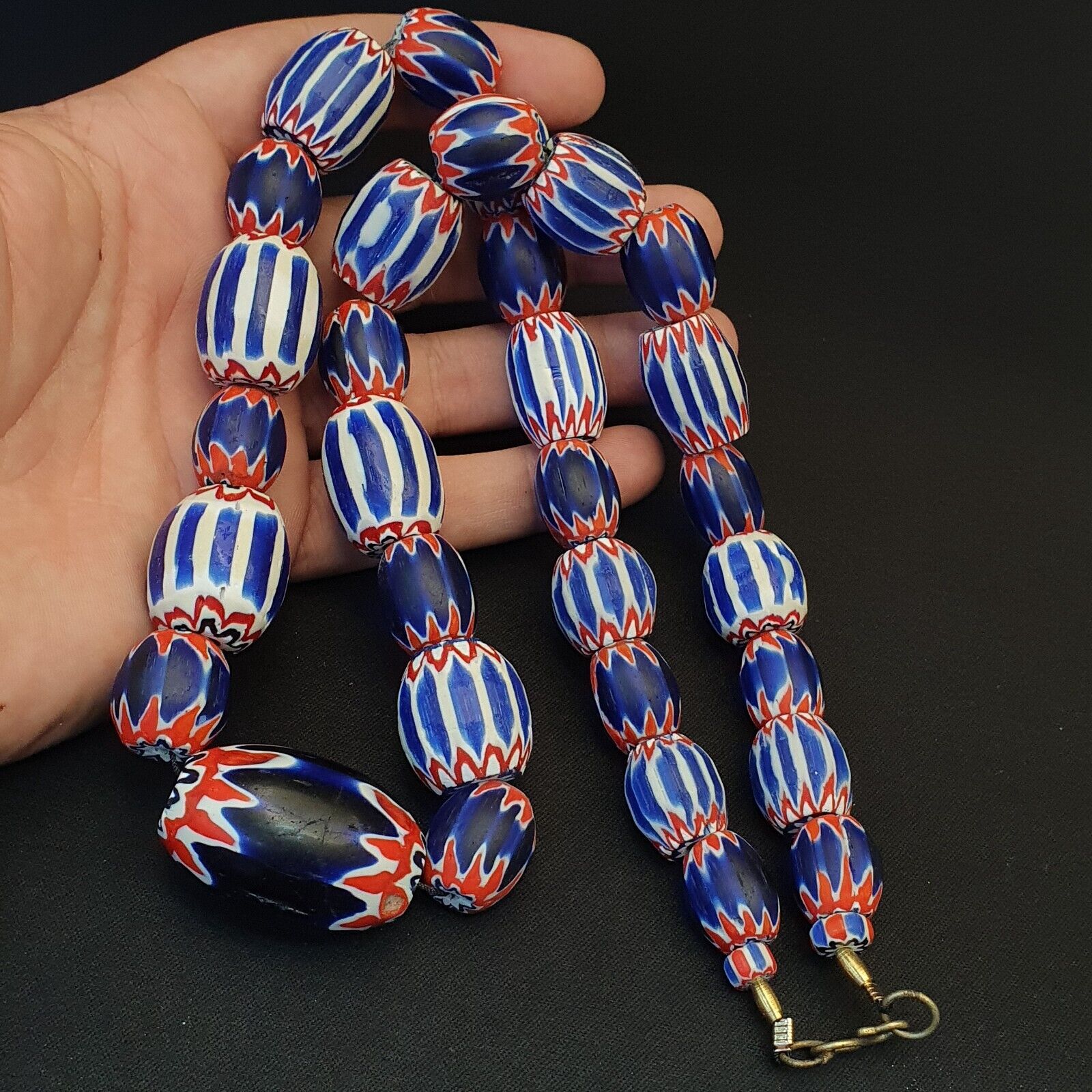 Antique Venetian inspired Trade African Blue Glass Chevron Beads Long Strand 297