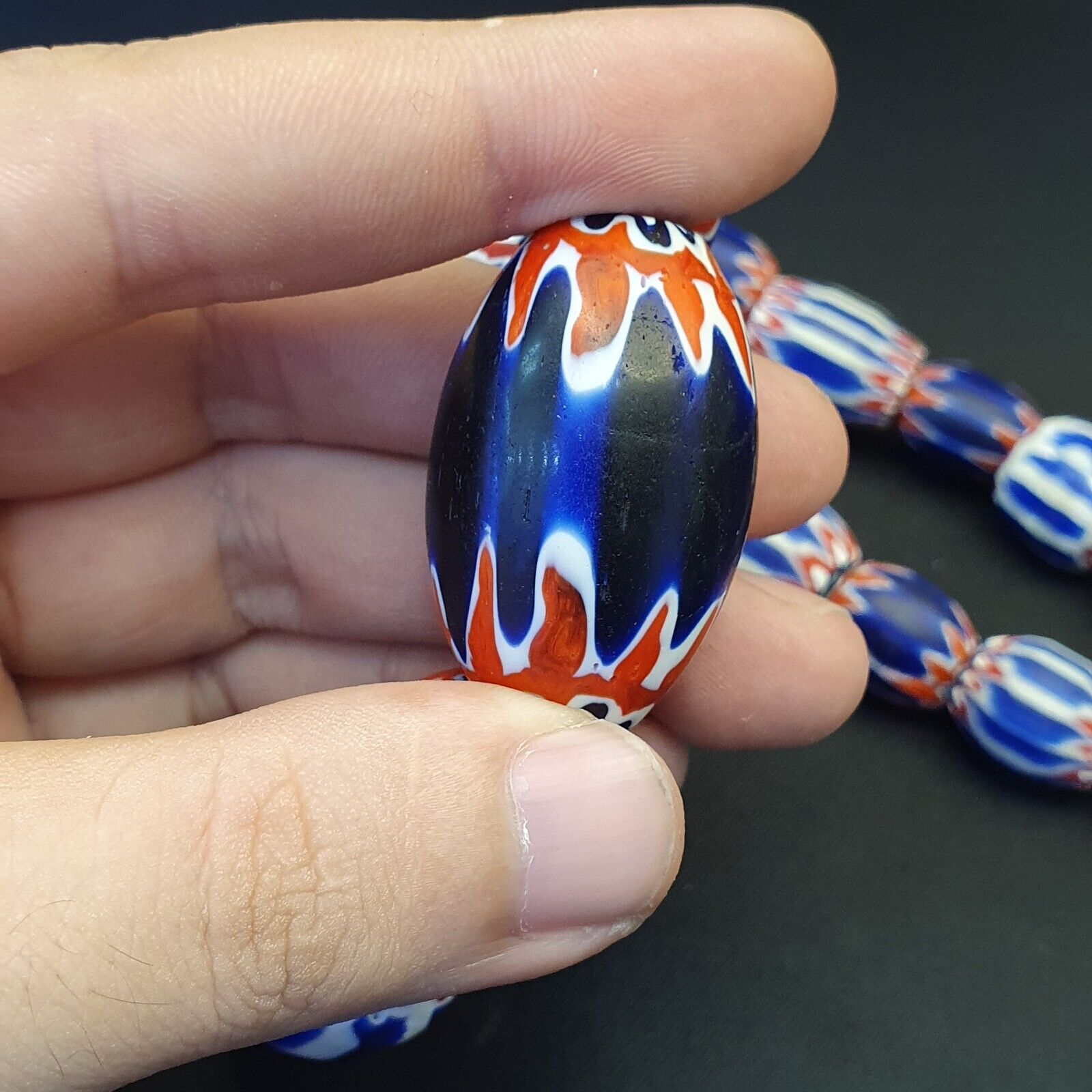 Antique Venetian inspired Trade African Blue Glass Chevron Beads Long Strand 297