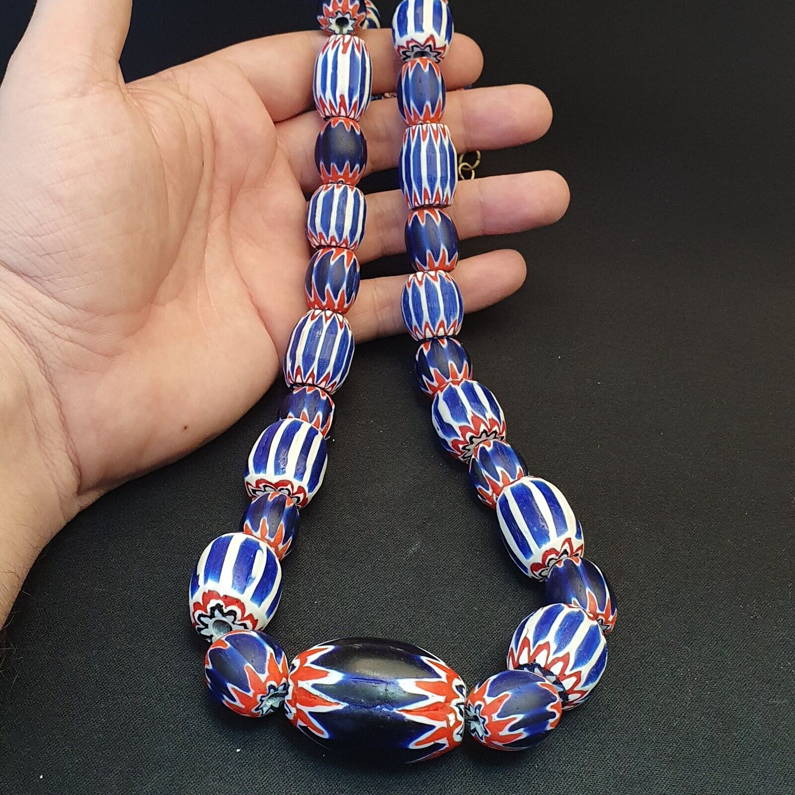 Antique Venetian inspired Trade African Blue Glass Chevron Beads Long Strand 297