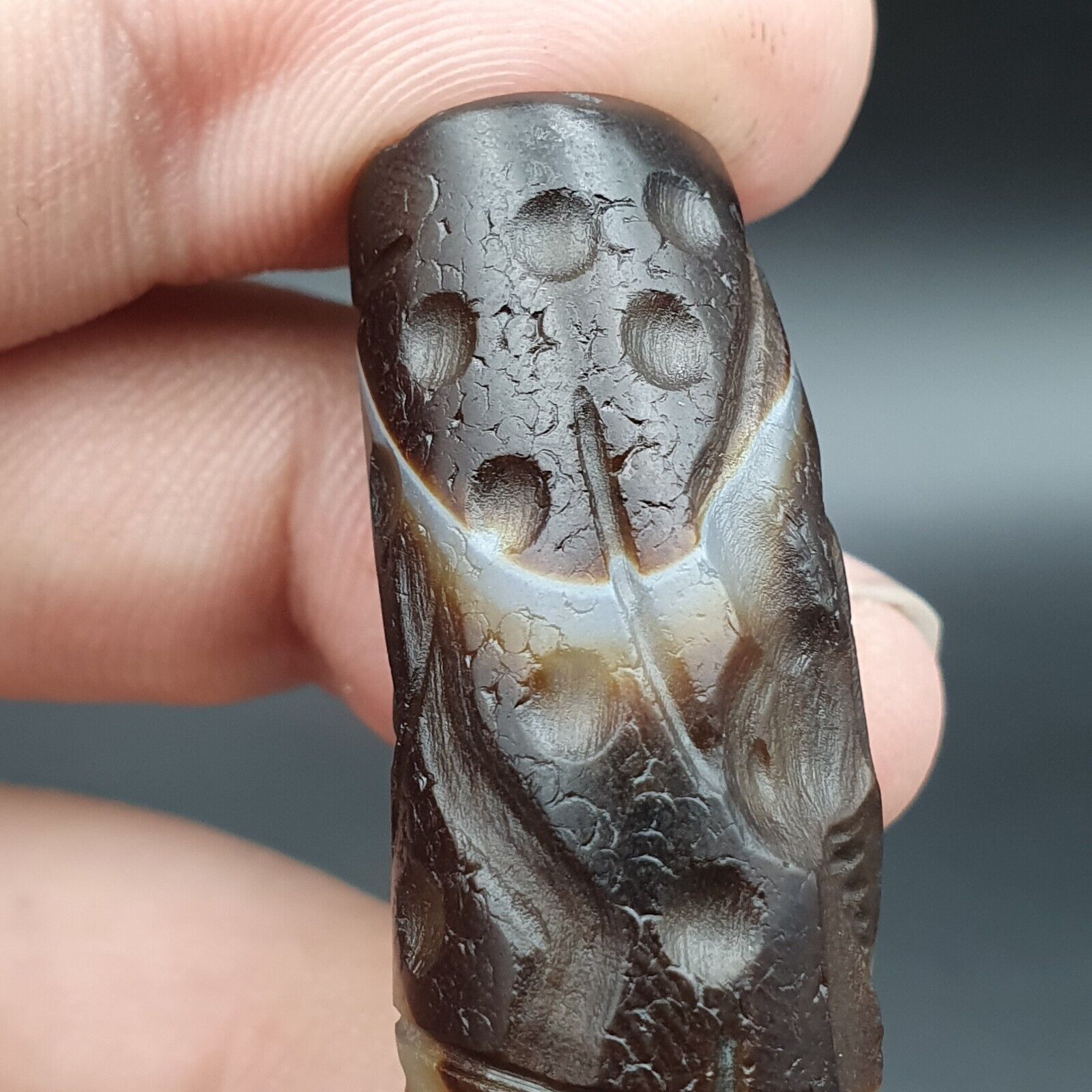 Unique Antique Near East Old Agate Intaglio Cylinder Seal Historic Bead Amulet