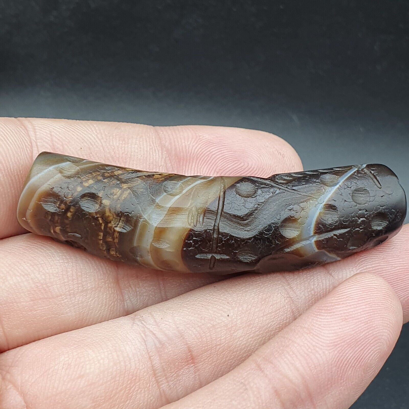 Unique Antique Near East Old Agate Intaglio Cylinder Seal Historic Bead Amulet