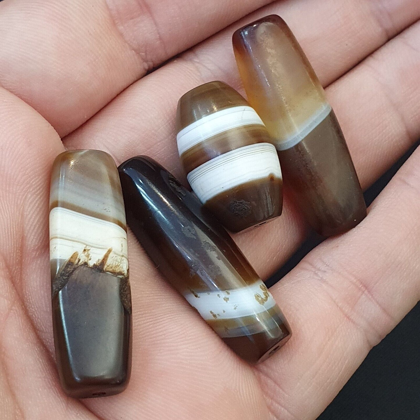 古董老也門瑪瑙天然稀有圖案帶狀瑪瑙珠 4 顆