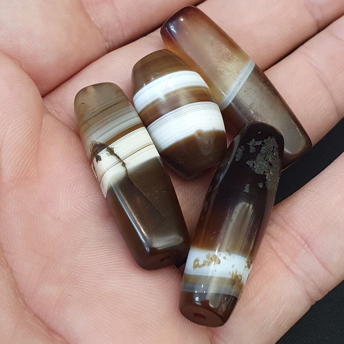 古董老也門瑪瑙天然稀有圖案帶狀瑪瑙珠 4 顆