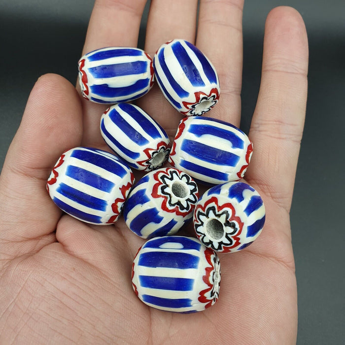 Lot Antique Venetian Inspired African Blue Glass 6 Layers Chevron Beads 8 Pcs