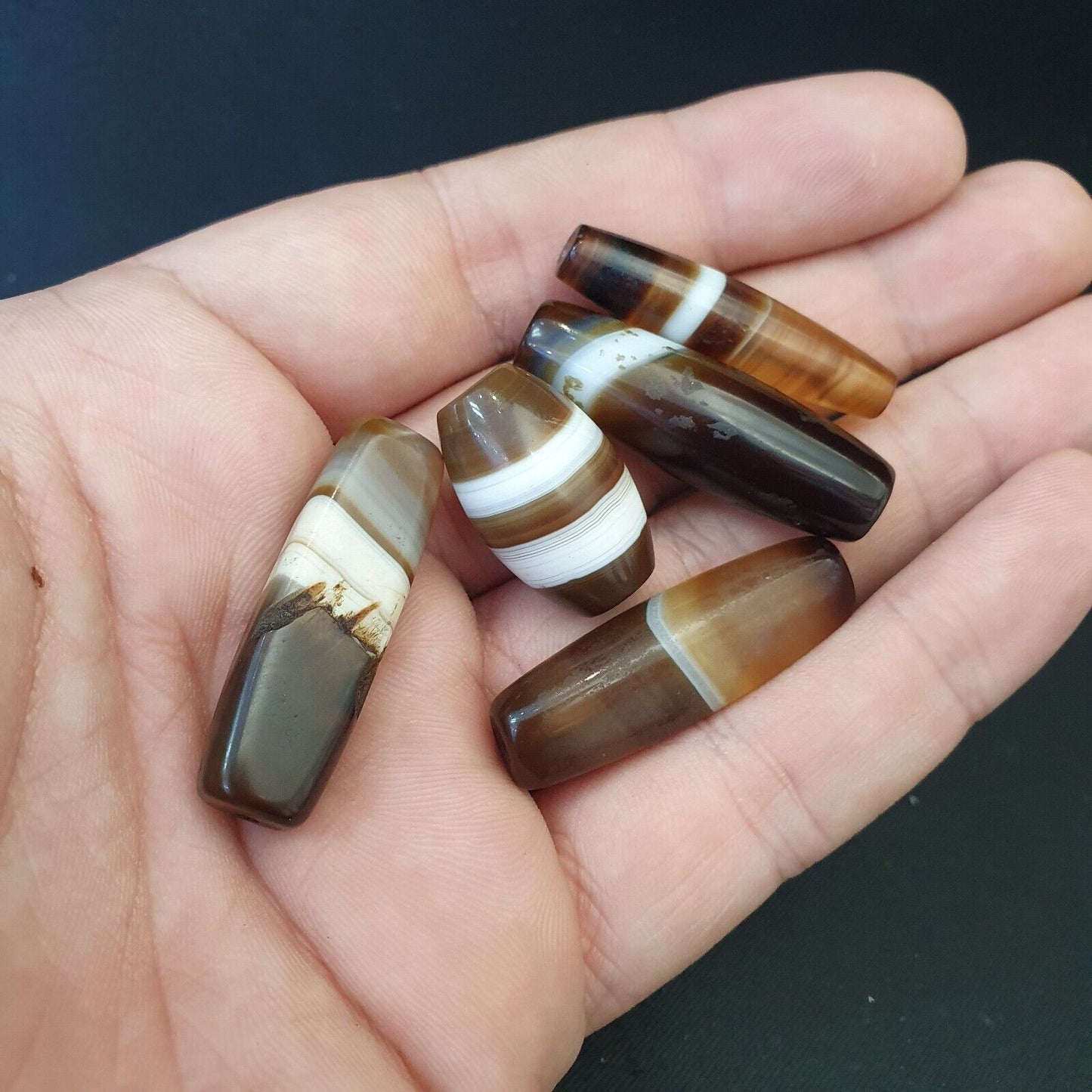 古董老也門瑪瑙天然稀有圖案帶狀瑪瑙珠 4 顆