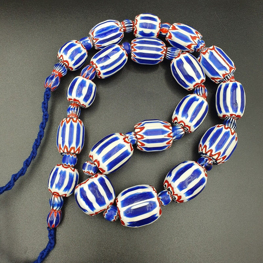 East Oasis Venetian Style African Chevron Bead Necklace - Blue Six Layer Glass 24 Inch