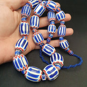 East Oasis Venetian Style African Chevron Bead Necklace - Blue Six Layer Glass 24 Inch