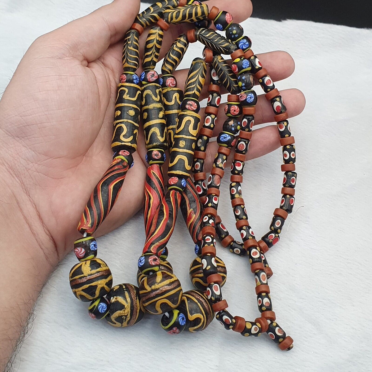 Vintage Old Mix Glass Feather and Fancy Beads Beaded Long Necklace Big Beads