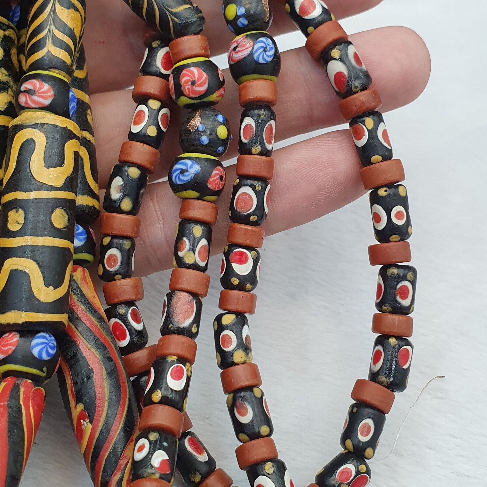 Vintage Old Mix Glass feather and Fancy BEADS Beaded Long NECKLACE  Big Beads