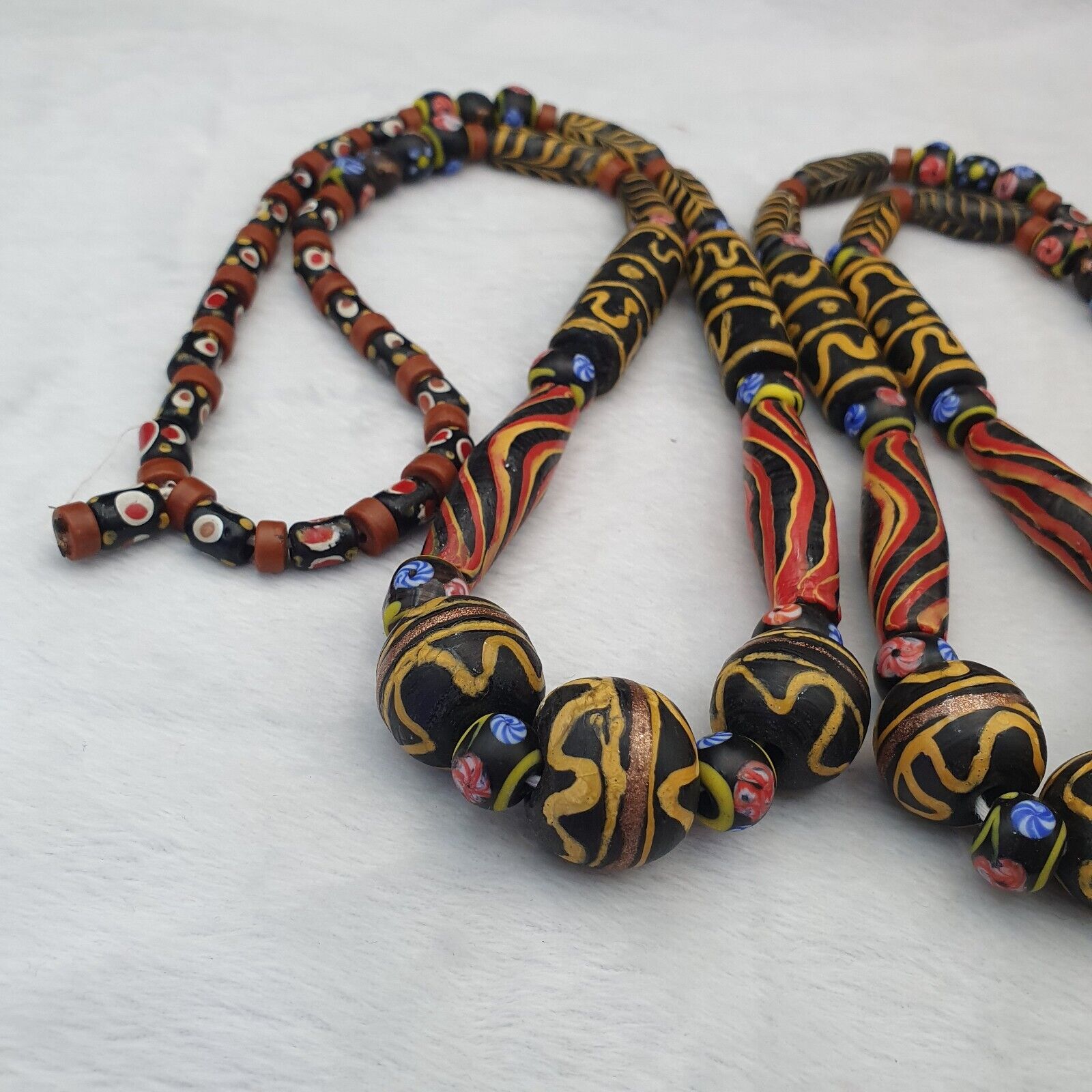 Vintage Old Mix Glass feather and Fancy BEADS Beaded Long NECKLACE  Big Beads