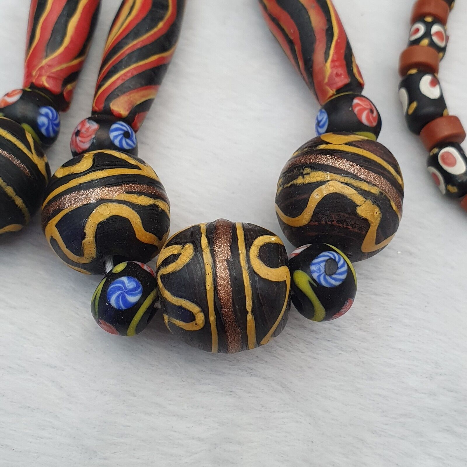 Vintage Old Mix Glass feather and Fancy BEADS Beaded Long NECKLACE  Big Beads