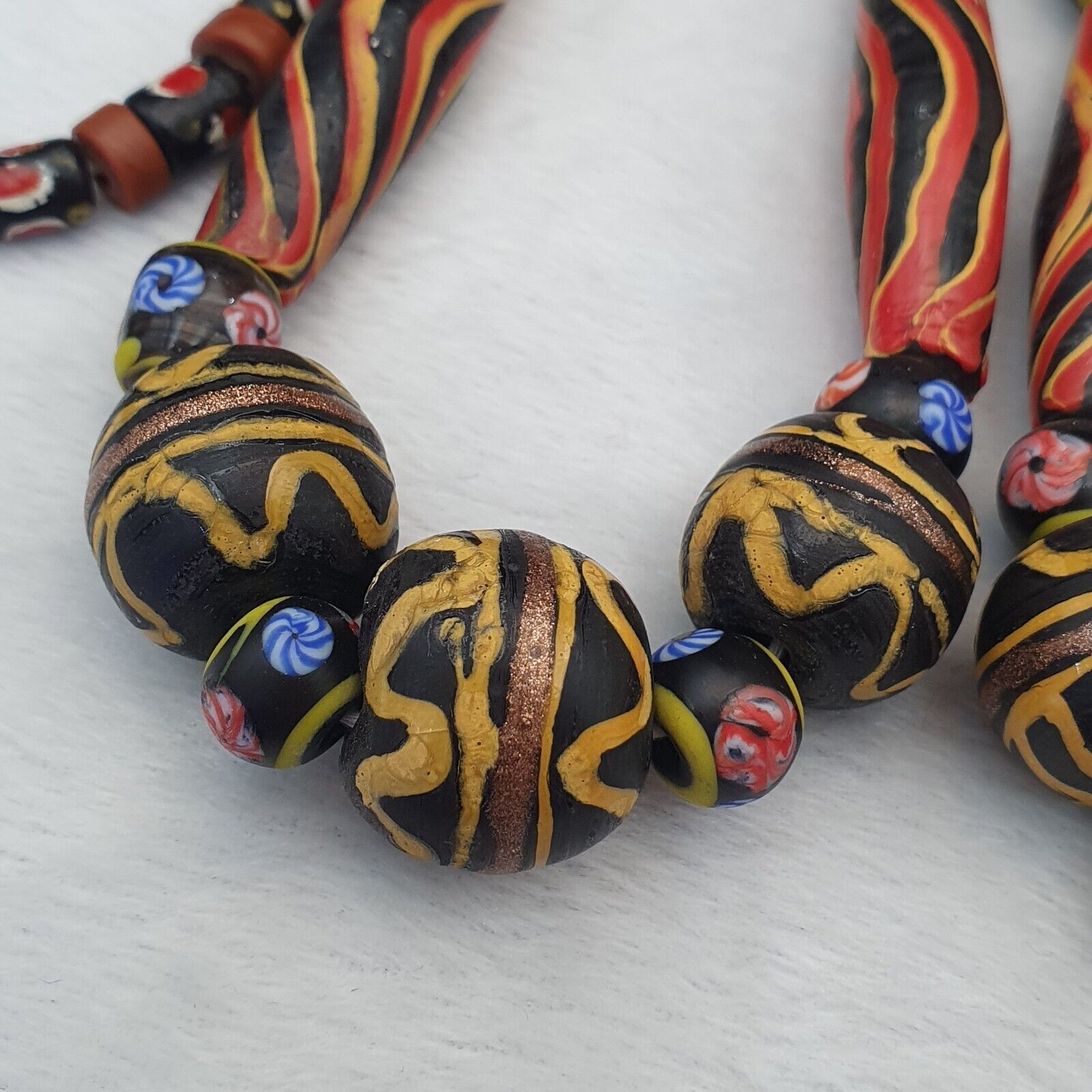 Vintage Old Mix Glass feather and Fancy BEADS Beaded Long NECKLACE  Big Beads