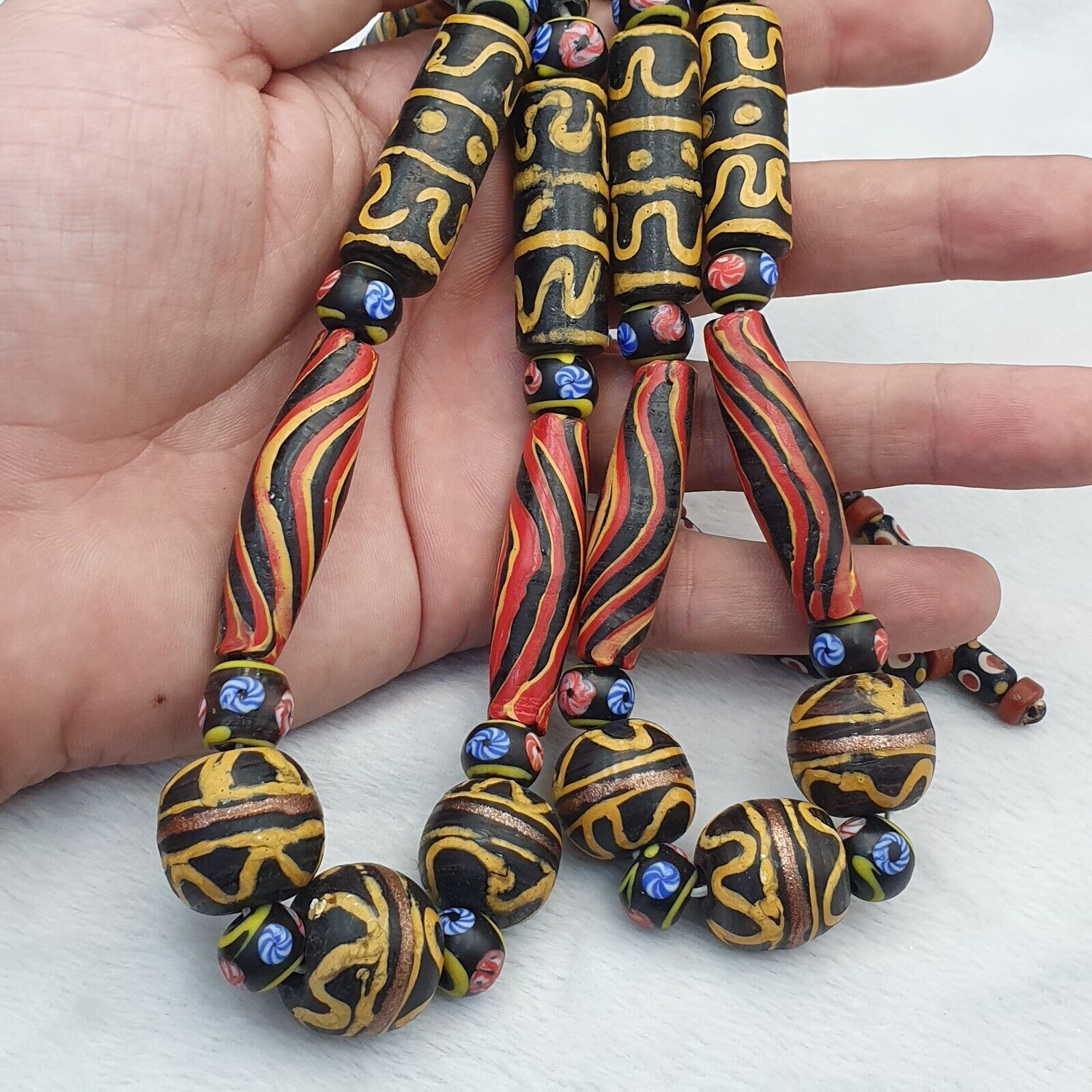 Vintage Old Mix Glass feather and Fancy BEADS Beaded Long NECKLACE  Big Beads