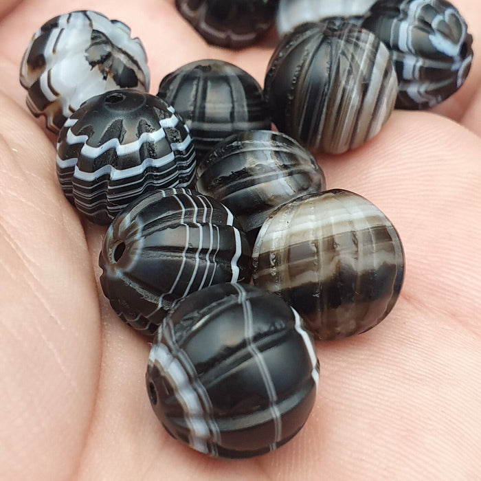 Lot 12 Himalayan Indo Tibetan Black Agate Beads Soleimani Melon Shape Agate Bead
