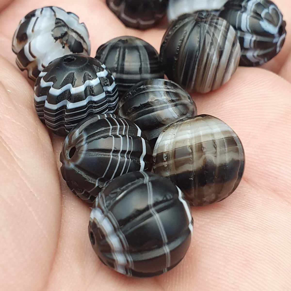Lot 12 Himalayan indo Tibetan Black Agate Beads Soleimani melon Shape Agate Bead