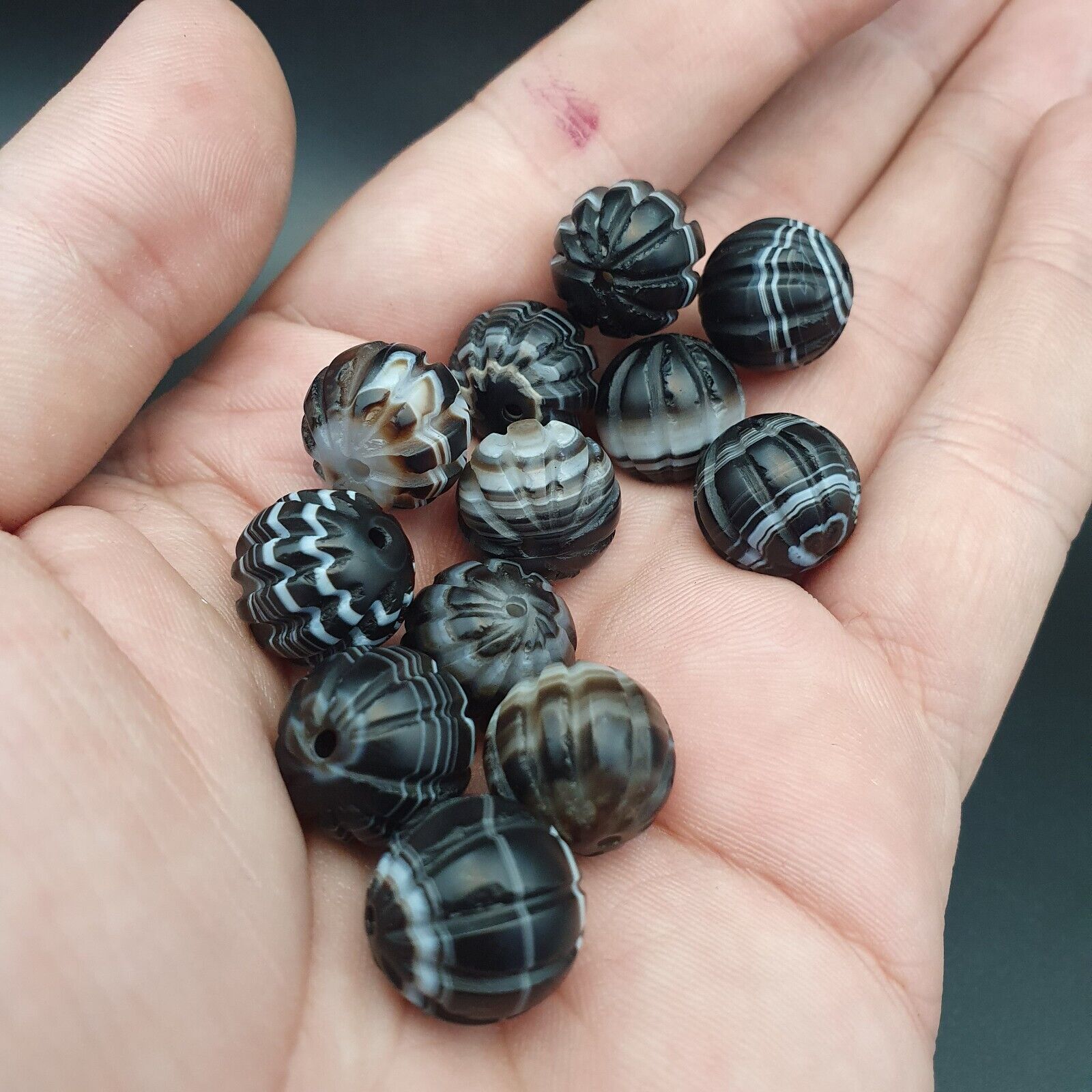 Lot 12 Himalayan indo Tibetan Black Agate Beads Soleimani melon Shape Agate Bead