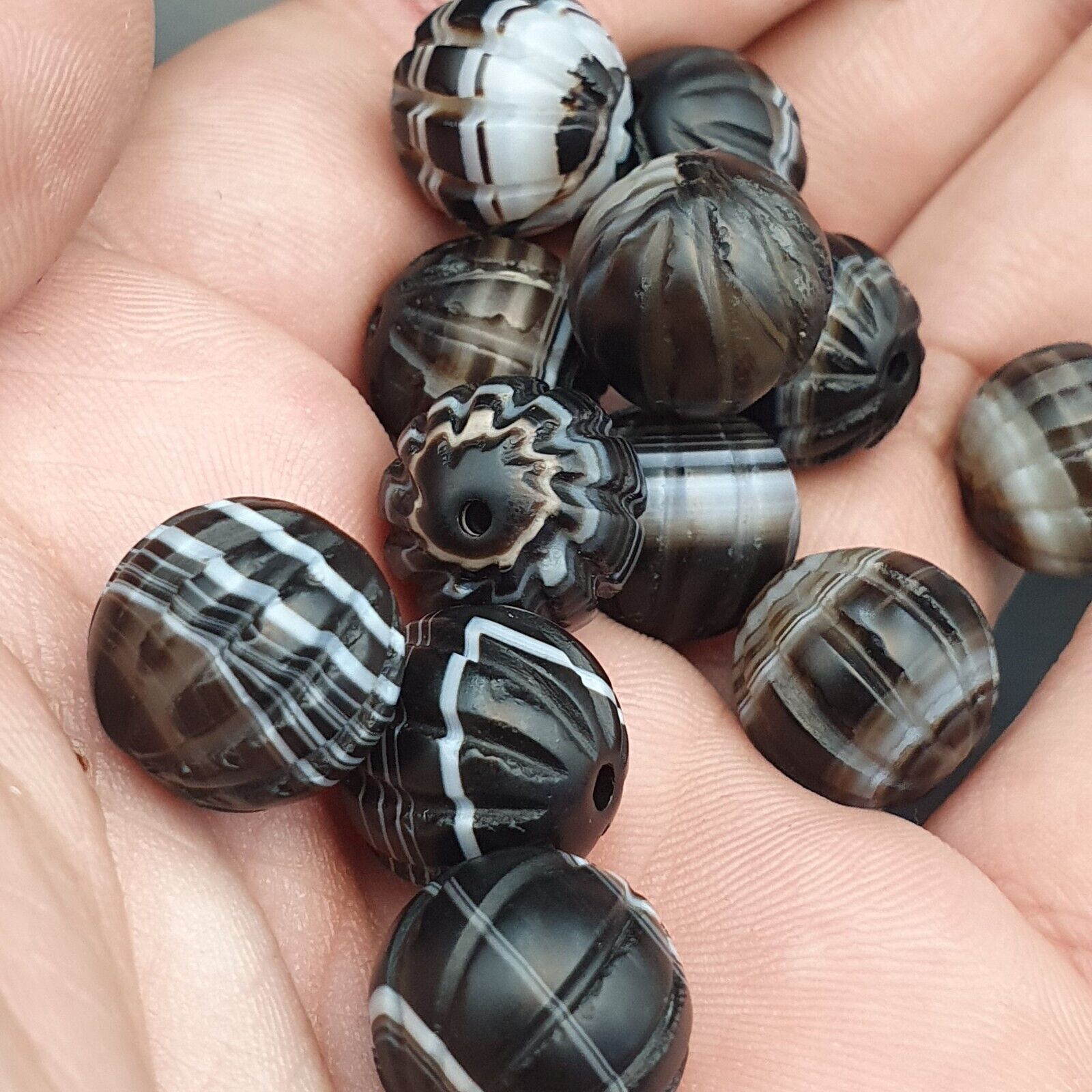 Lot 12 Himalayan indo Tibetan Black Agate Beads Soleimani melon Shape Agate Bead