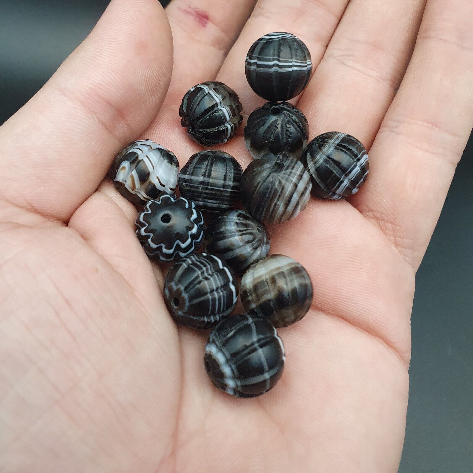 Lot 12 Himalayan indo Tibetan Black Agate Beads Soleimani melon Shape Agate Bead