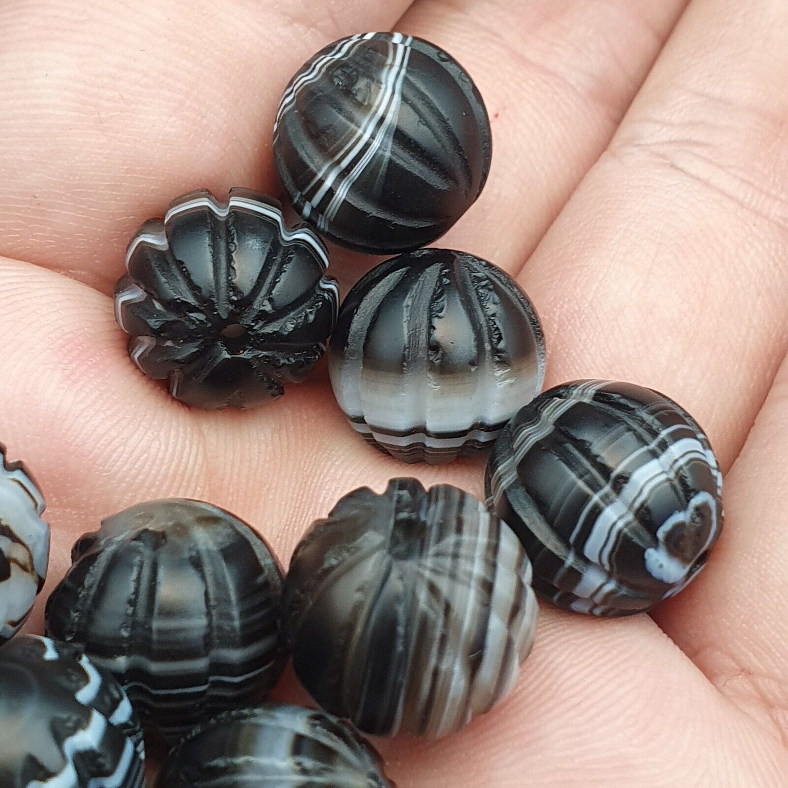 Lot 12 Himalayan indo Tibetan Black Agate Beads Soleimani melon Shape Agate Bead