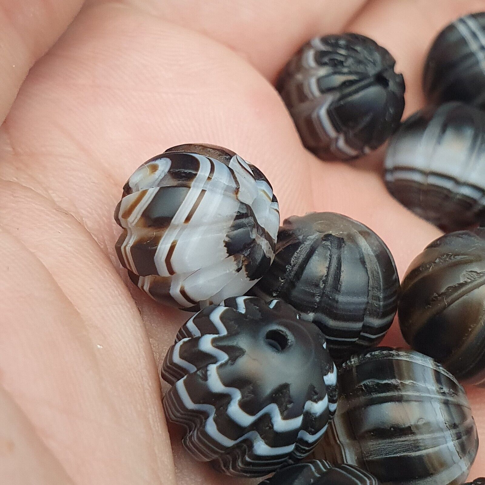 Lot 12 Himalayan indo Tibetan Black Agate Beads Soleimani melon Shape Agate Bead