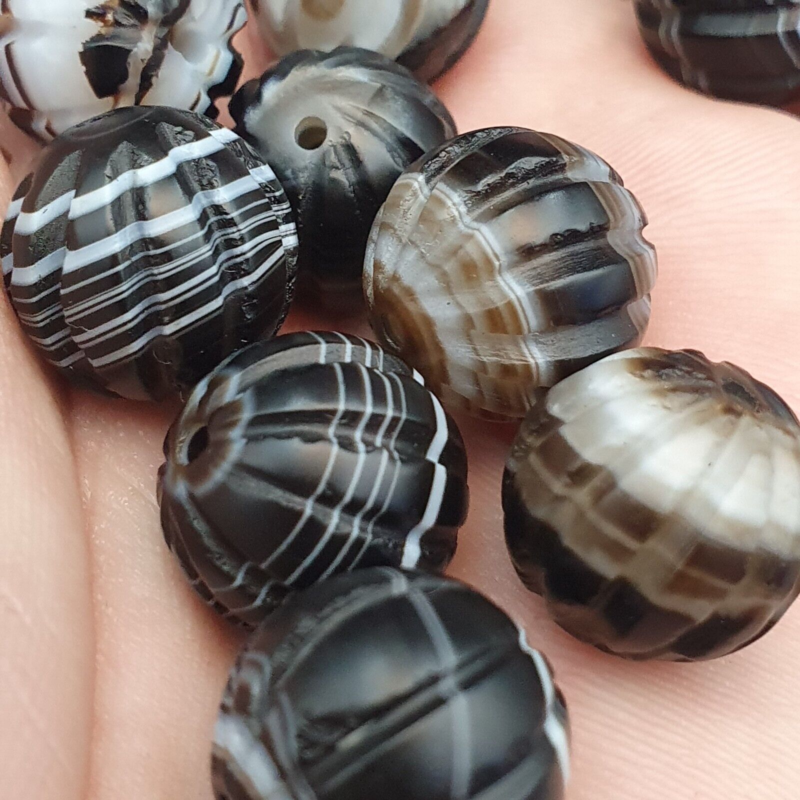 Lot 12 Himalayan indo Tibetan Black Agate Beads Soleimani melon Shape Agate Bead