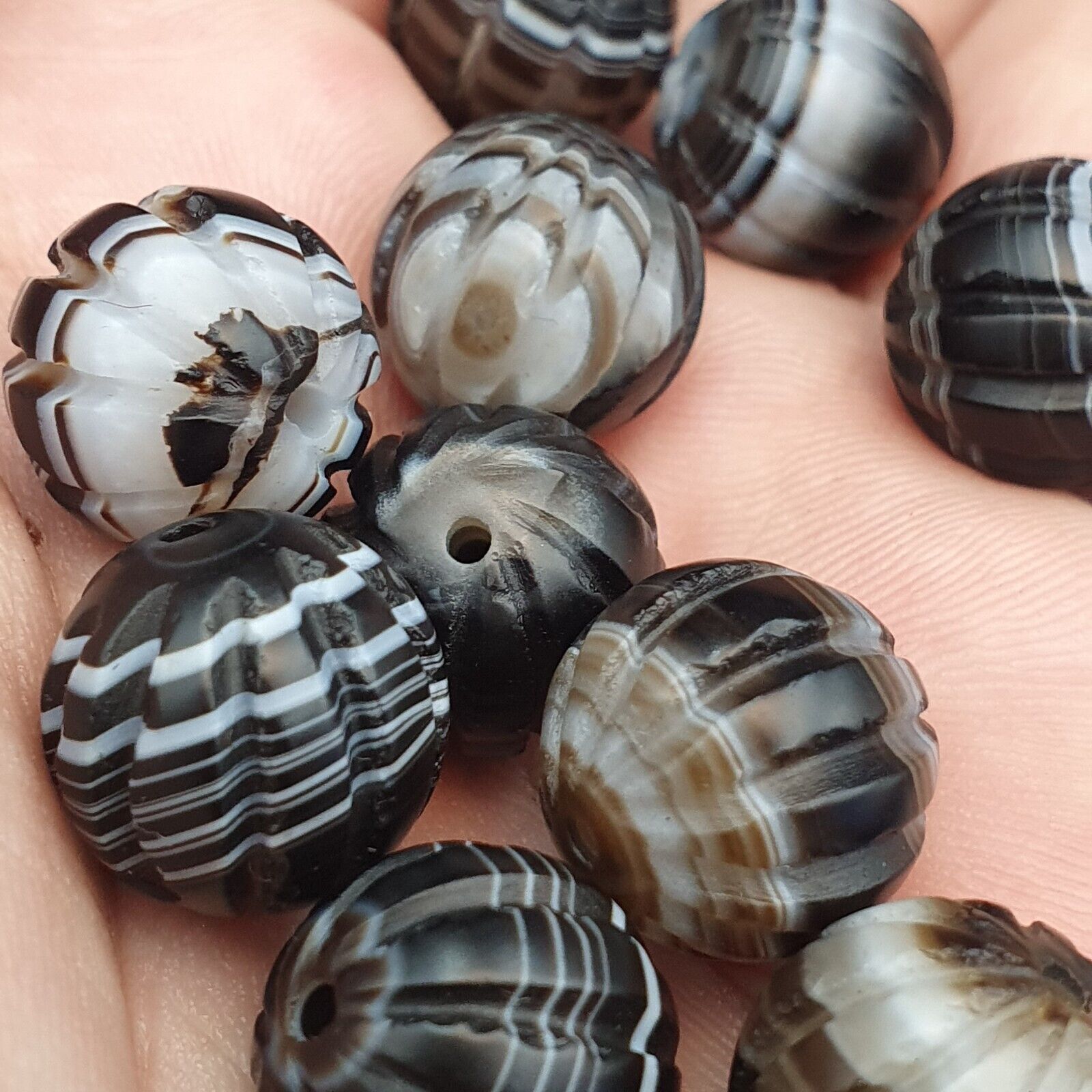 Lot 12 Himalayan indo Tibetan Black Agate Beads Soleimani melon Shape Agate Bead