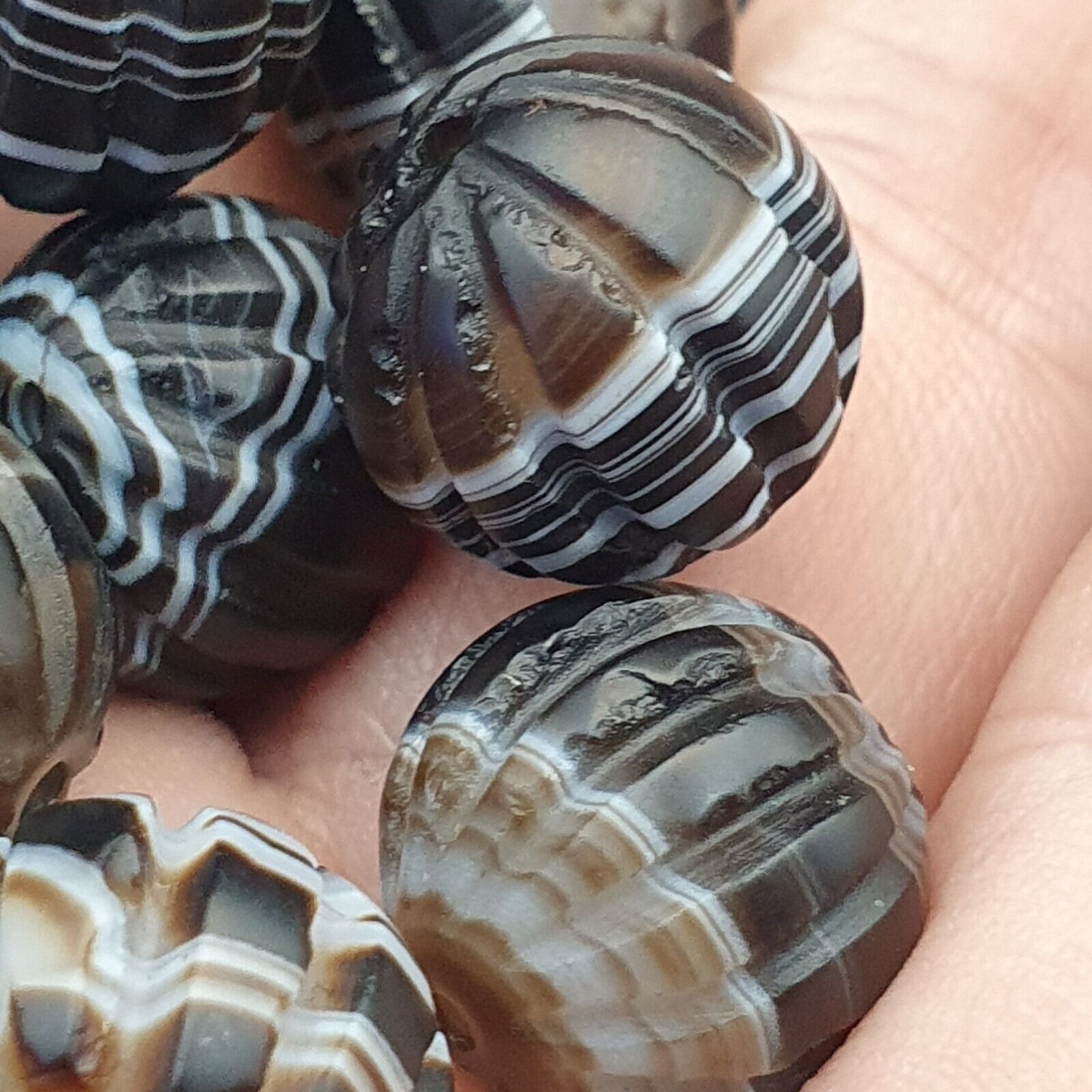 Lot 12 Himalayan indo Tibetan Black Agate Beads Soleimani melon Shape Agate Bead