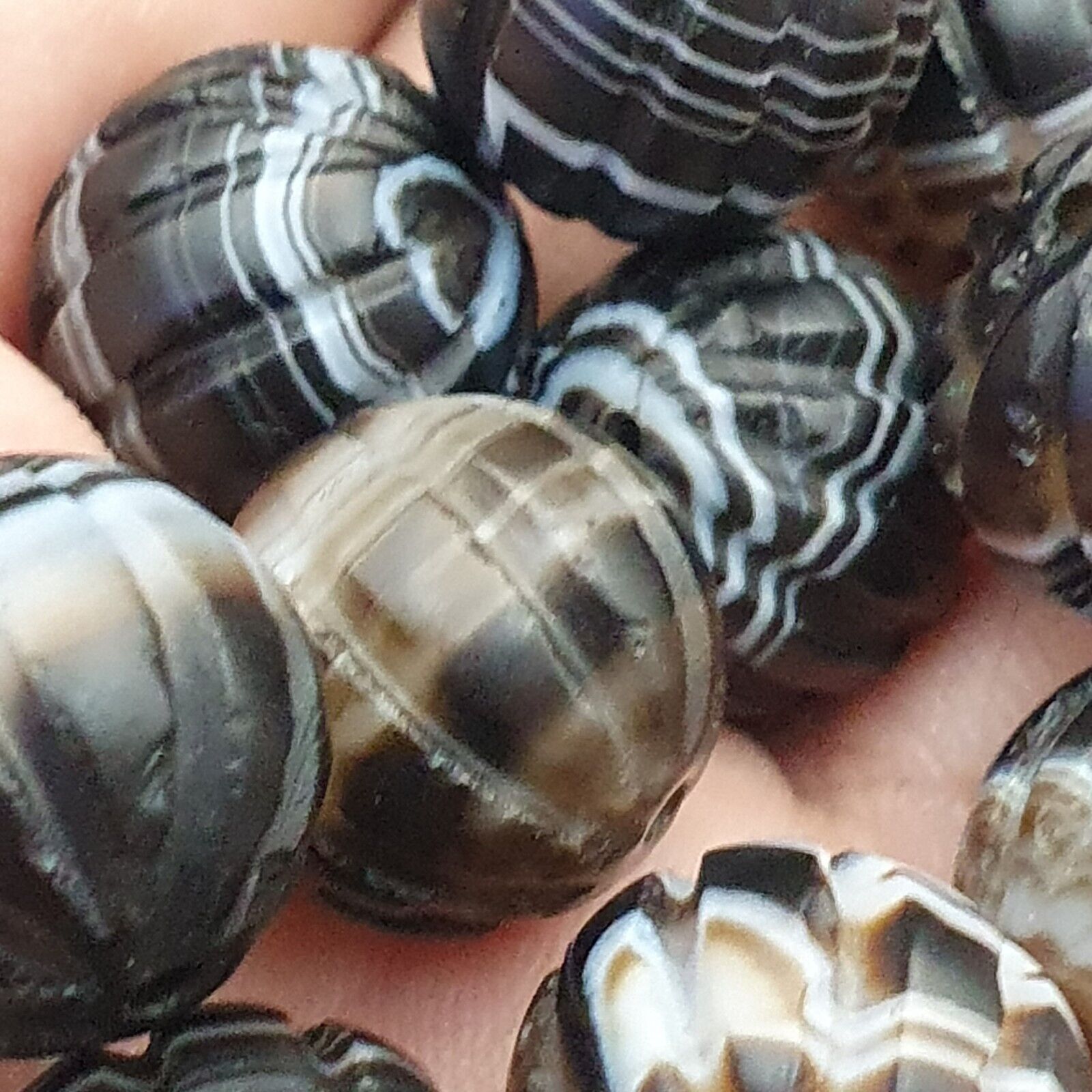 Lot 12 Himalayan indo Tibetan Black Agate Beads Soleimani melon Shape Agate Bead