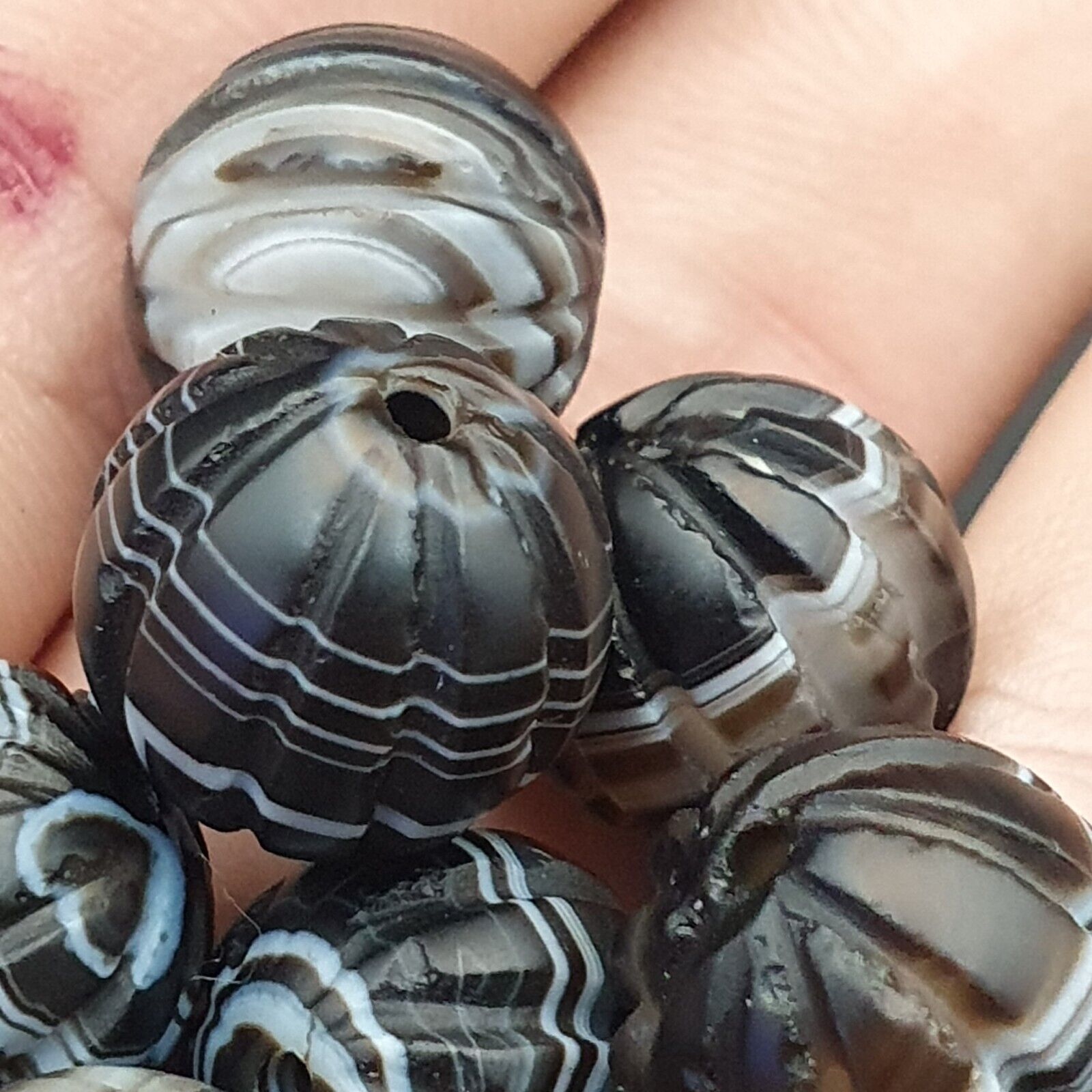 Lot 12 Himalayan indo Tibetan Black Agate Beads Soleimani melon Shape Agate Bead