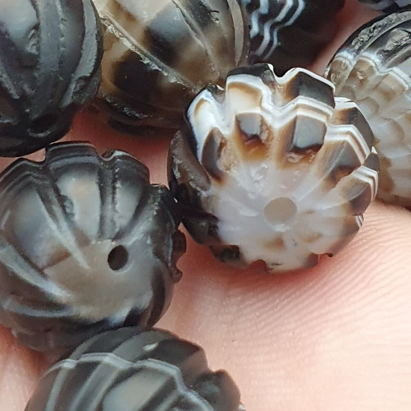 Lot 12 Himalayan indo Tibetan Black Agate Beads Soleimani melon Shape Agate Bead