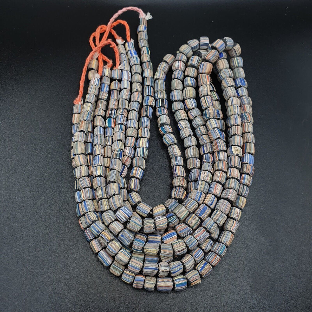 Lot 2 Vintage OLD AFRICAN Blue GLASS gabri  Stripes BEADS 7-9MM  beads Strand