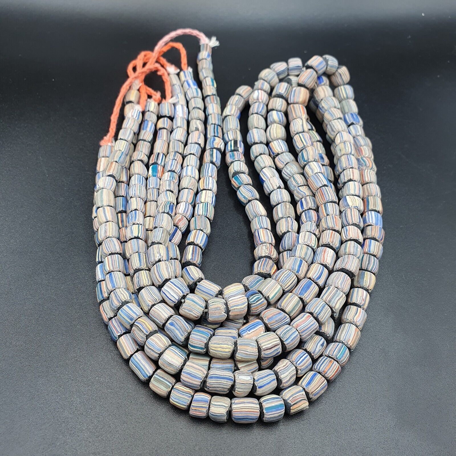 Lot 2 Vintage OLD AFRICAN Blue GLASS gabri  Stripes BEADS 7-9MM  beads Strand