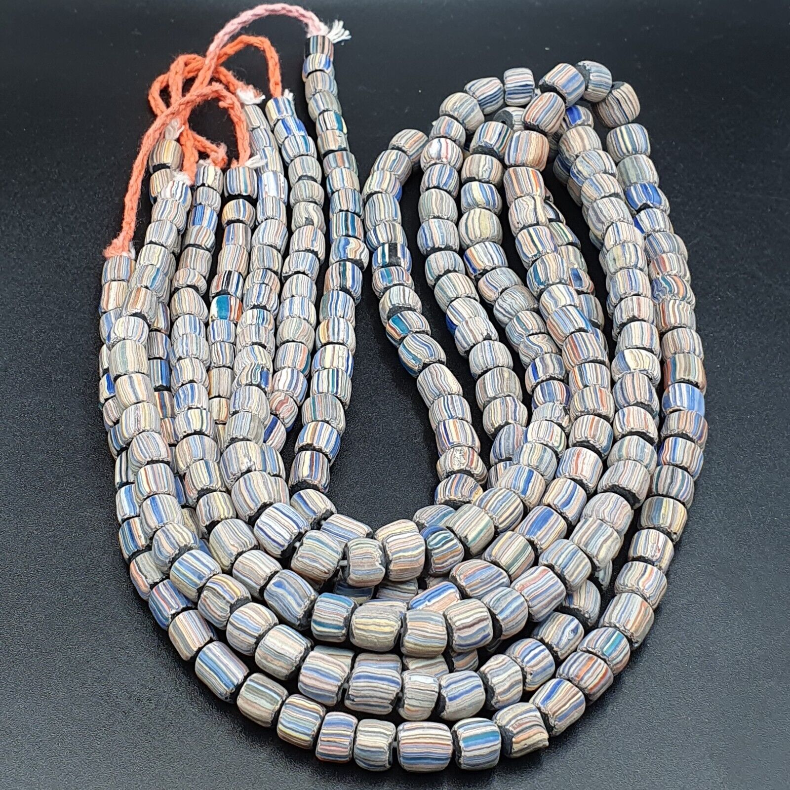 Lot 2 Vintage OLD AFRICAN Blue GLASS gabri  Stripes BEADS 7-9MM  beads Strand