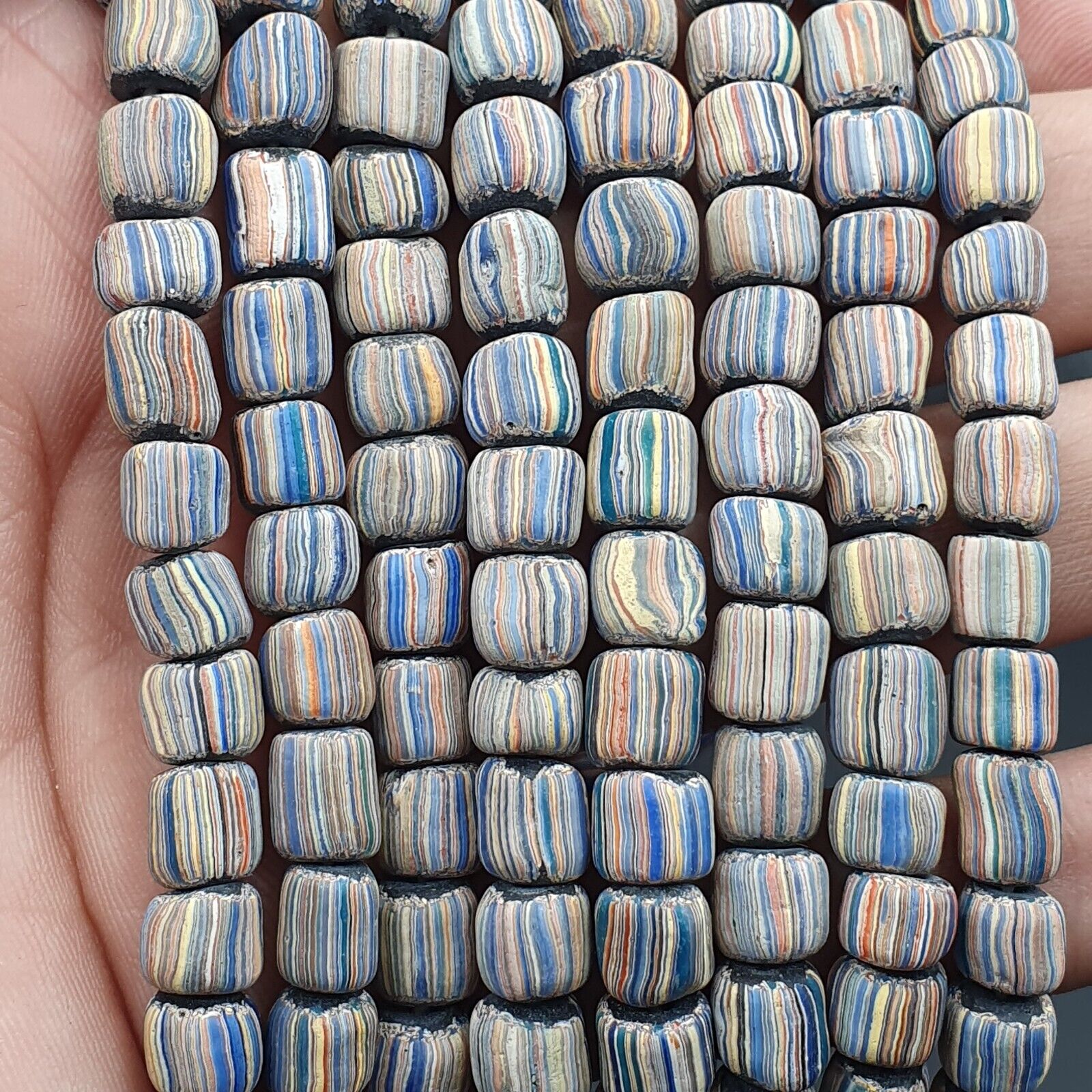 Lot 2 Vintage OLD AFRICAN Blue GLASS gabri  Stripes BEADS 7-9MM  beads Strand
