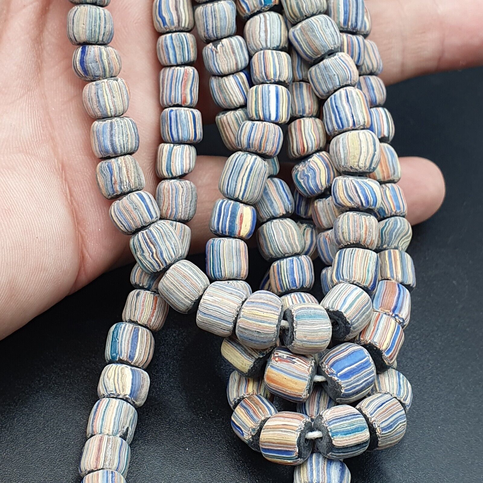 Lot 2 Vintage OLD AFRICAN Blue GLASS gabri  Stripes BEADS 7-9MM  beads Strand