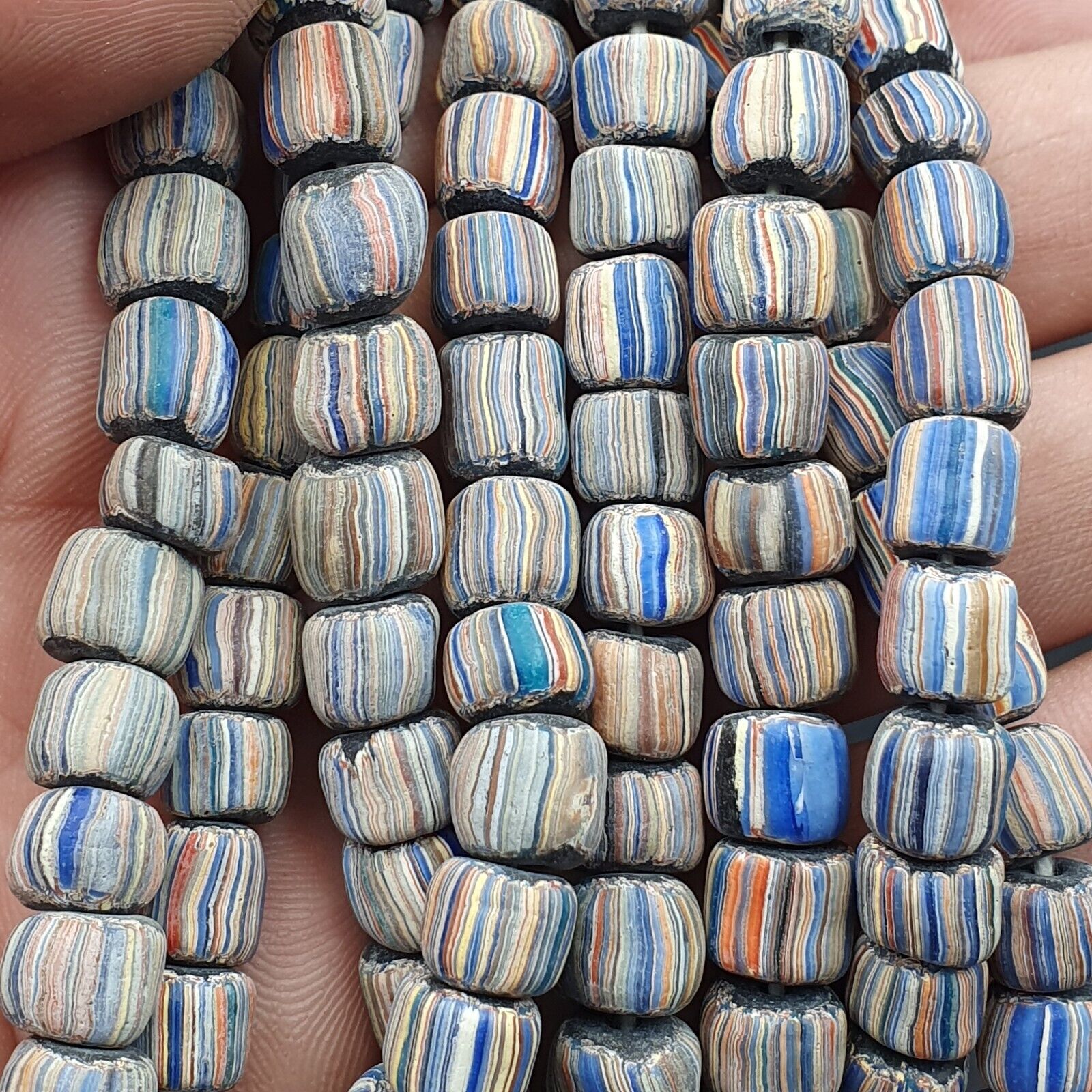 Lot 2 Vintage OLD AFRICAN Blue GLASS gabri  Stripes BEADS 7-9MM  beads Strand