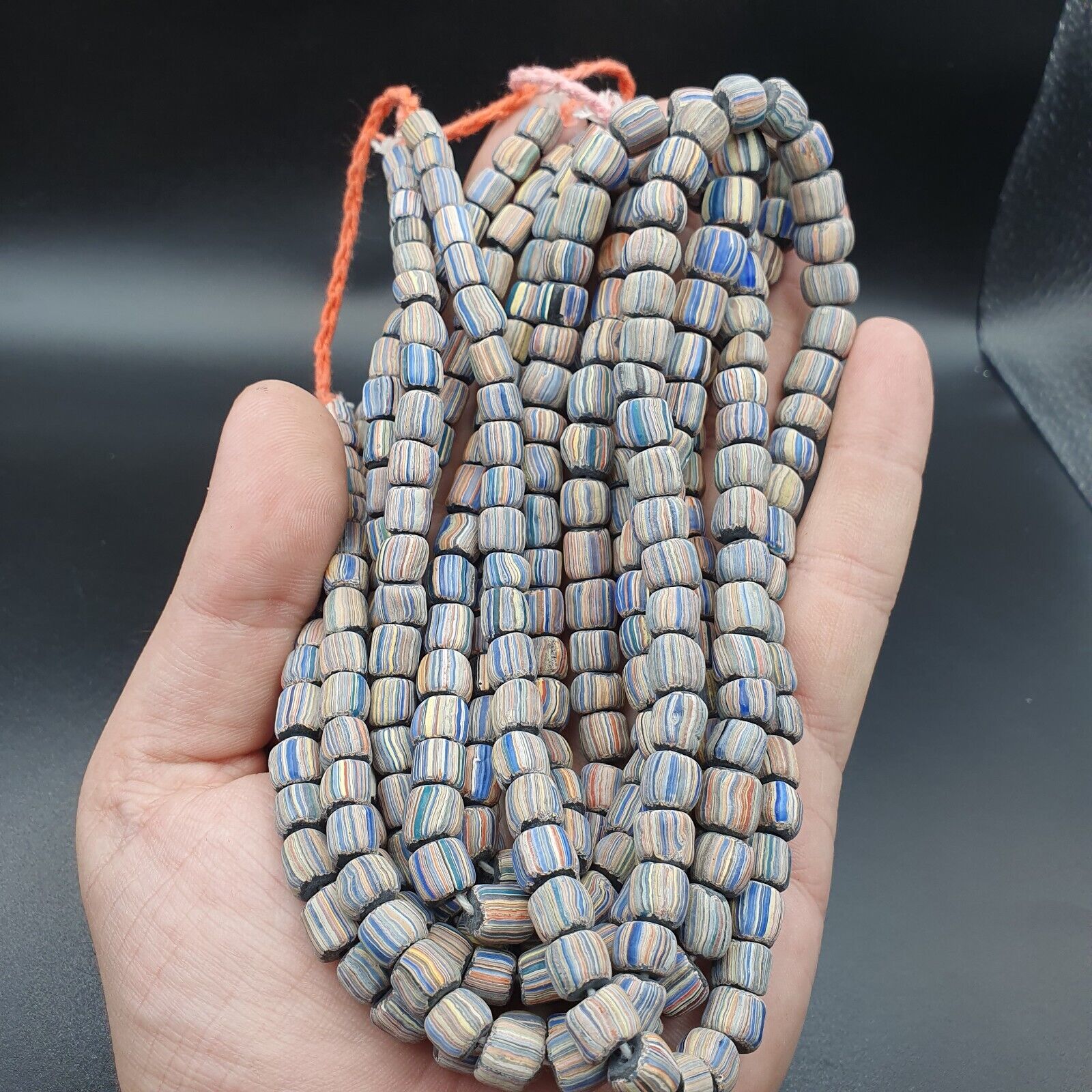 Lot 2 Vintage OLD AFRICAN Blue GLASS gabri  Stripes BEADS 7-9MM  beads Strand