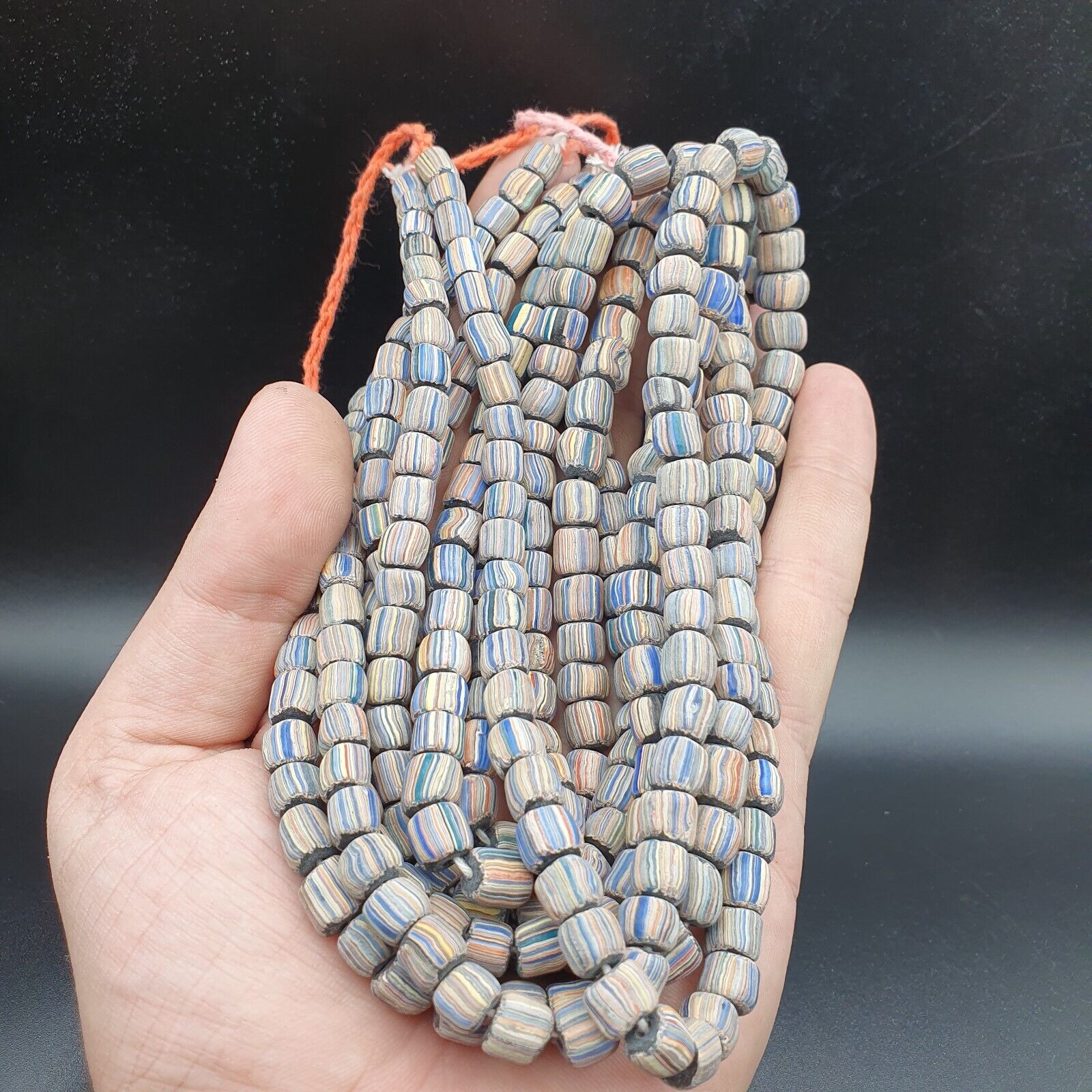 Lot 2 Vintage OLD AFRICAN Blue GLASS gabri  Stripes BEADS 7-9MM  beads Strand