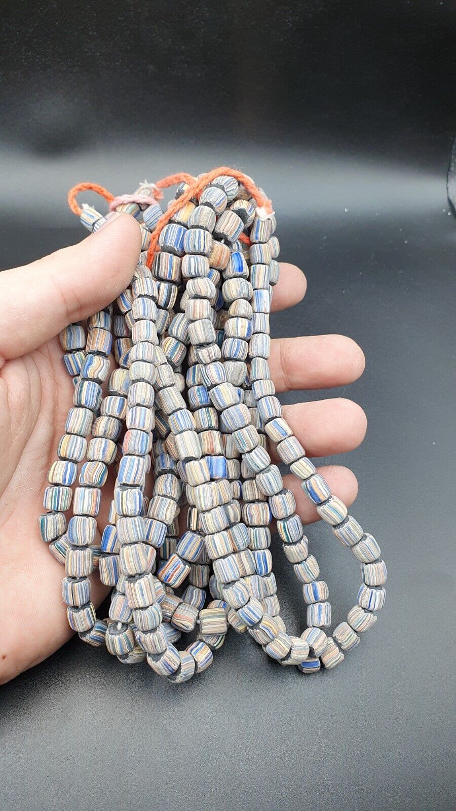 Lot 2 Vintage OLD AFRICAN Blue GLASS gabri  Stripes BEADS 7-9MM  beads Strand