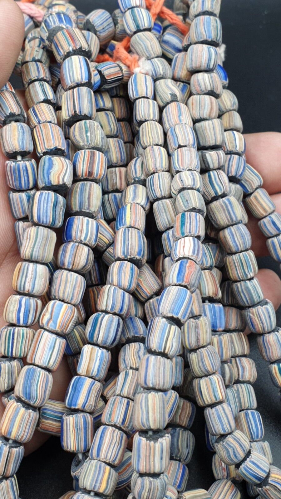 Lot 2 Vintage OLD AFRICAN Blue GLASS gabri  Stripes BEADS 7-9MM  beads Strand