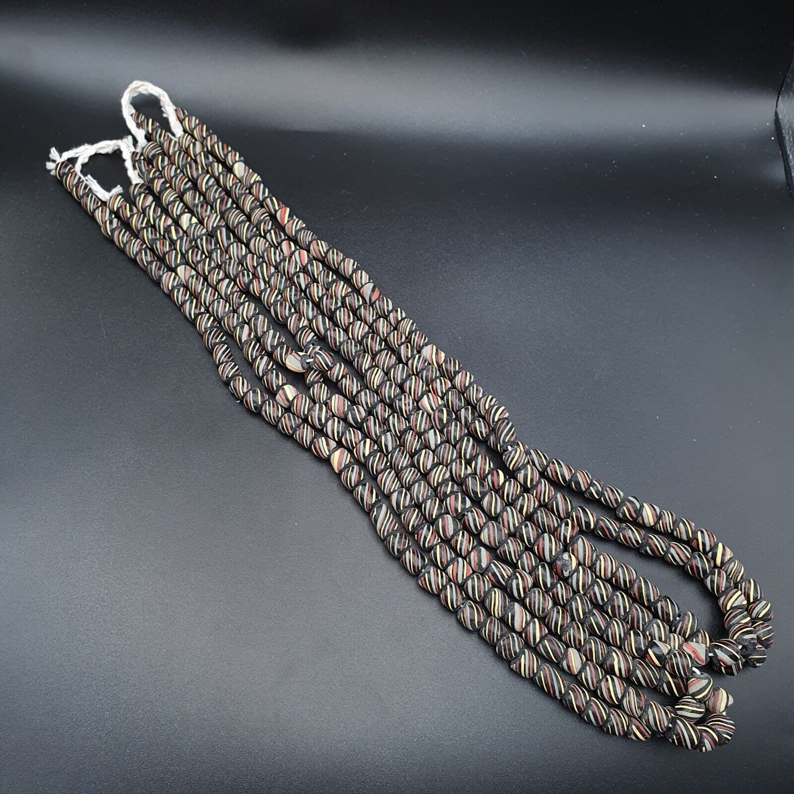 Lot 2 Vintage OLD AFRICAN Black GLASS ANTIQUE Stripes BEADS 7-8MM  beads Strand