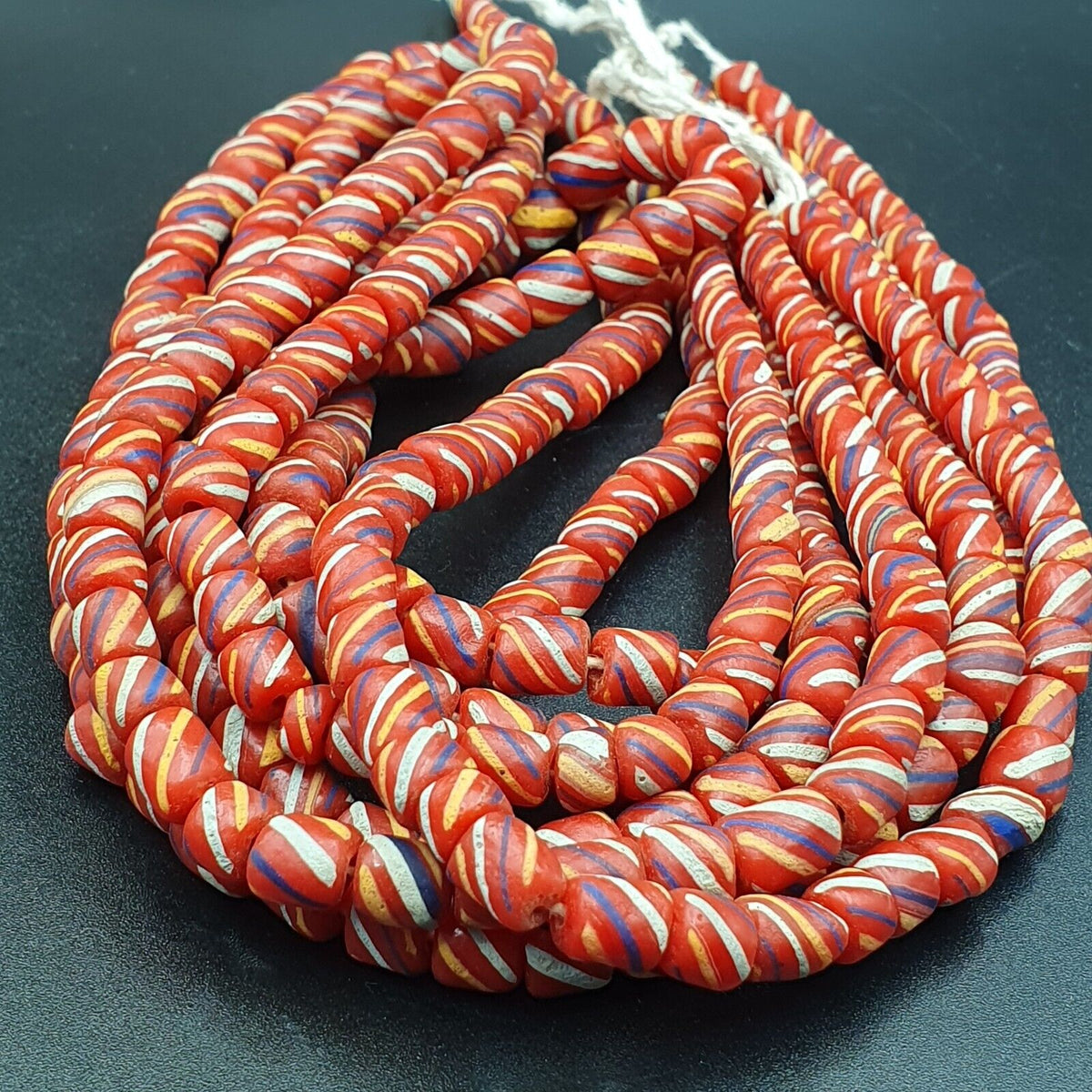 Lot 2 Vintage OLD AFRICAN Red GLASS ANTIQUE Stripes BEADS 7-8MM  beads Strand