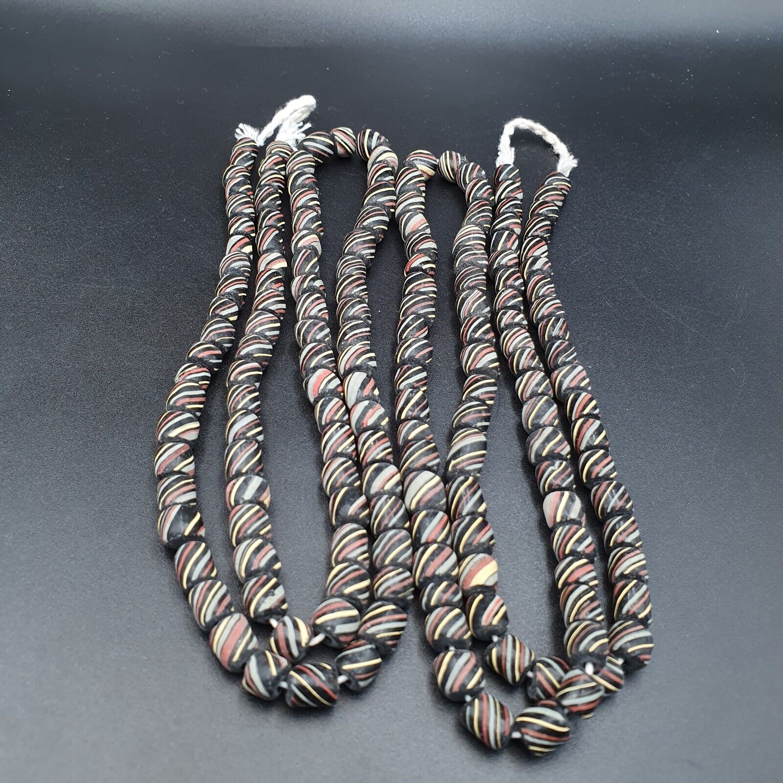 Lot 2 Vintage OLD AFRICAN Black GLASS ANTIQUE Stripes BEADS 7-8MM  beads Strand